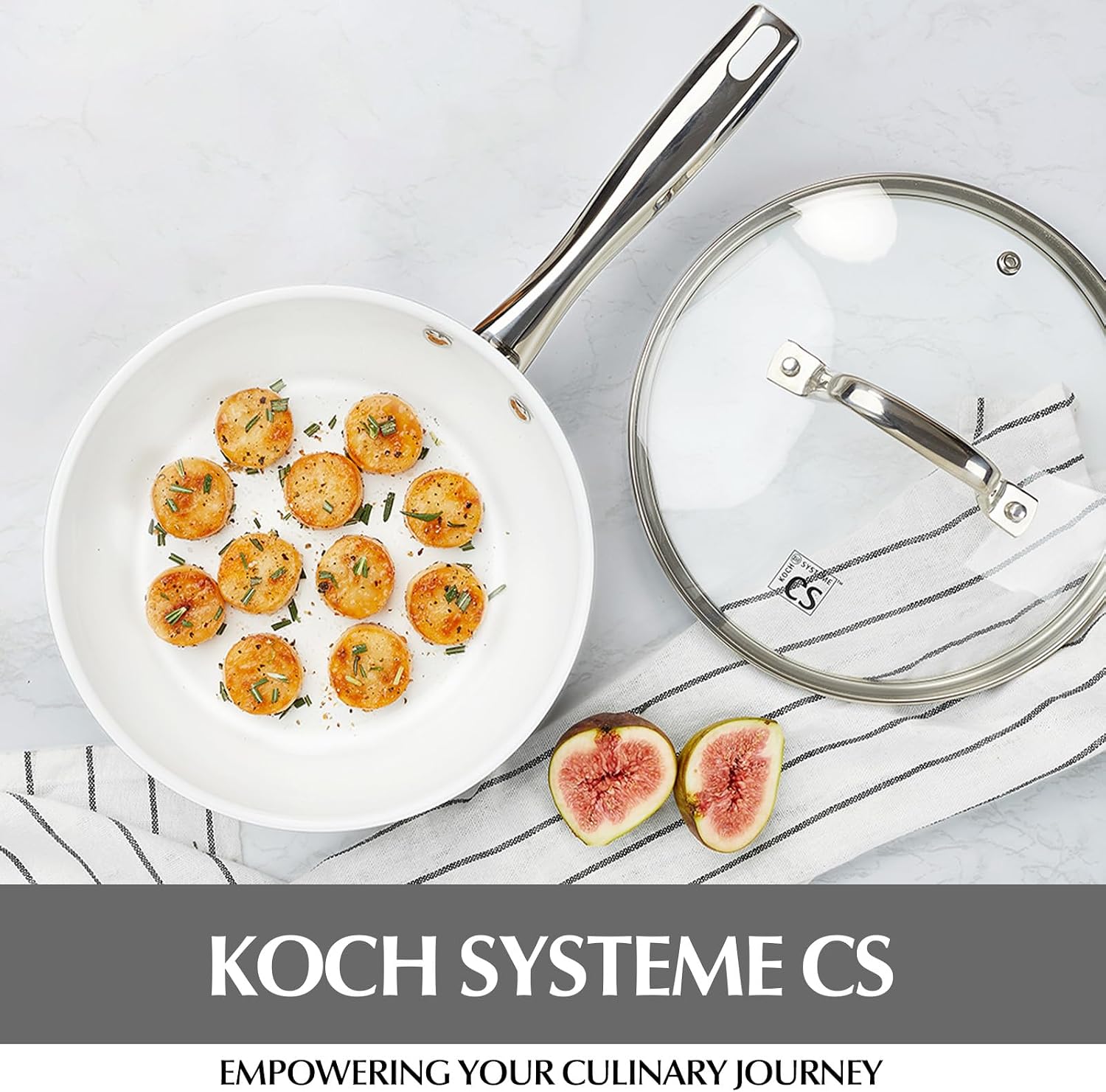 KOCH SYSTEME CS Stainless Steel Pan with Lid, Premium 12 Stainless Steel Skillets with Nonstick White Ceramic Coating, Nonstick Frying Pan with Lid, Induction Compatible, 12 Inch