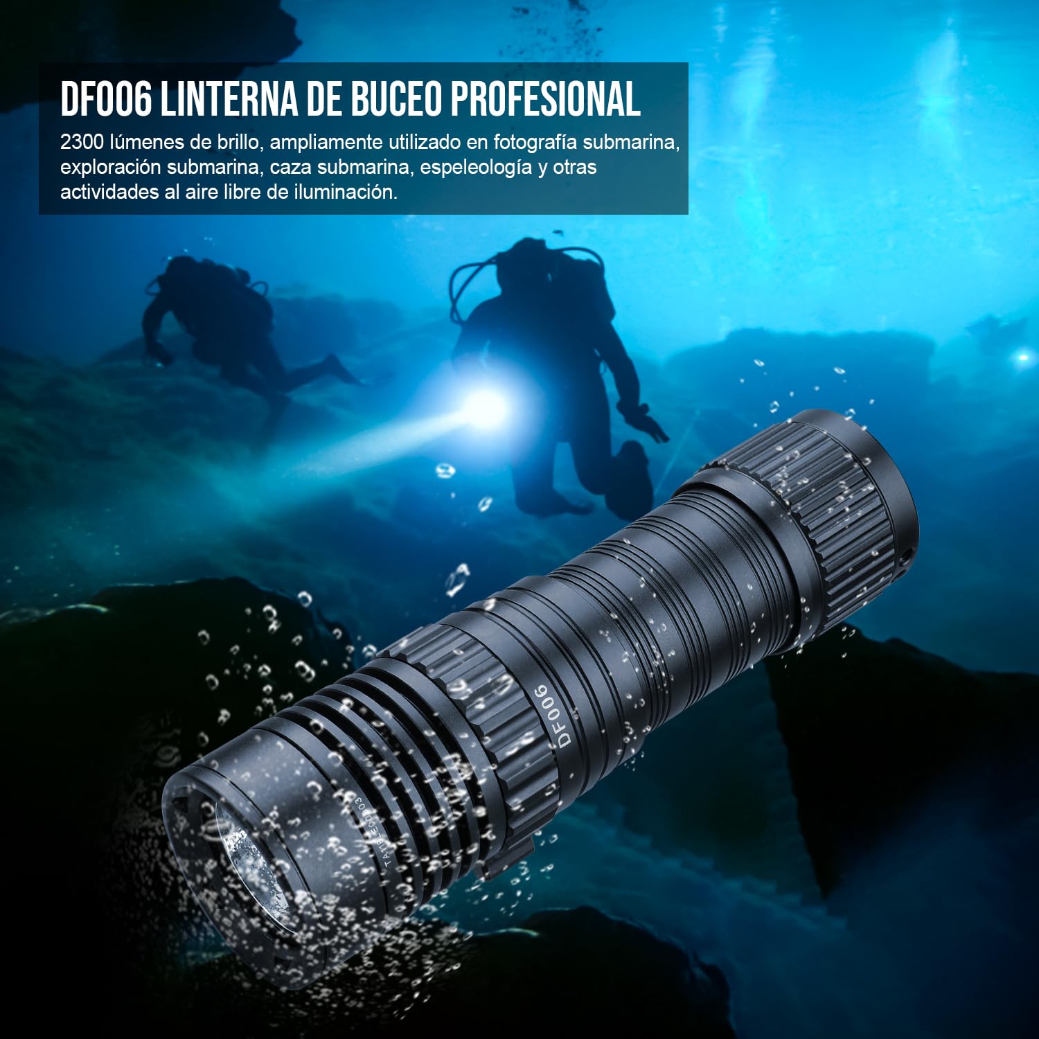 TrustFire DF006 Linterna De Buceo 2300 Lúmenes, IPX8 Impermeable Profesional Recargable Luz de Buceo para Cueva 100m Submarina de Noche, Para Buceo Pesca Camping Senderismo