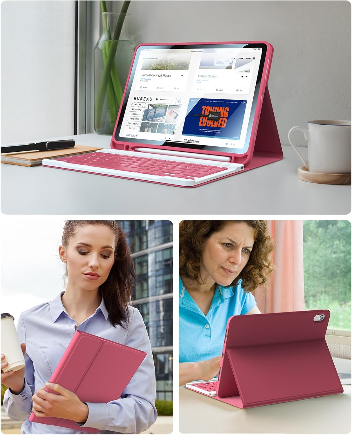 iPad 11th 10th Generation Case with Keyboard, 10.9in Multi Angle 2022 Detachable Bluetooth Keyboard with Pencil Holder Soft TPU Back Easy to Clean Case for Valentine's Day Gift(Hot Pink)