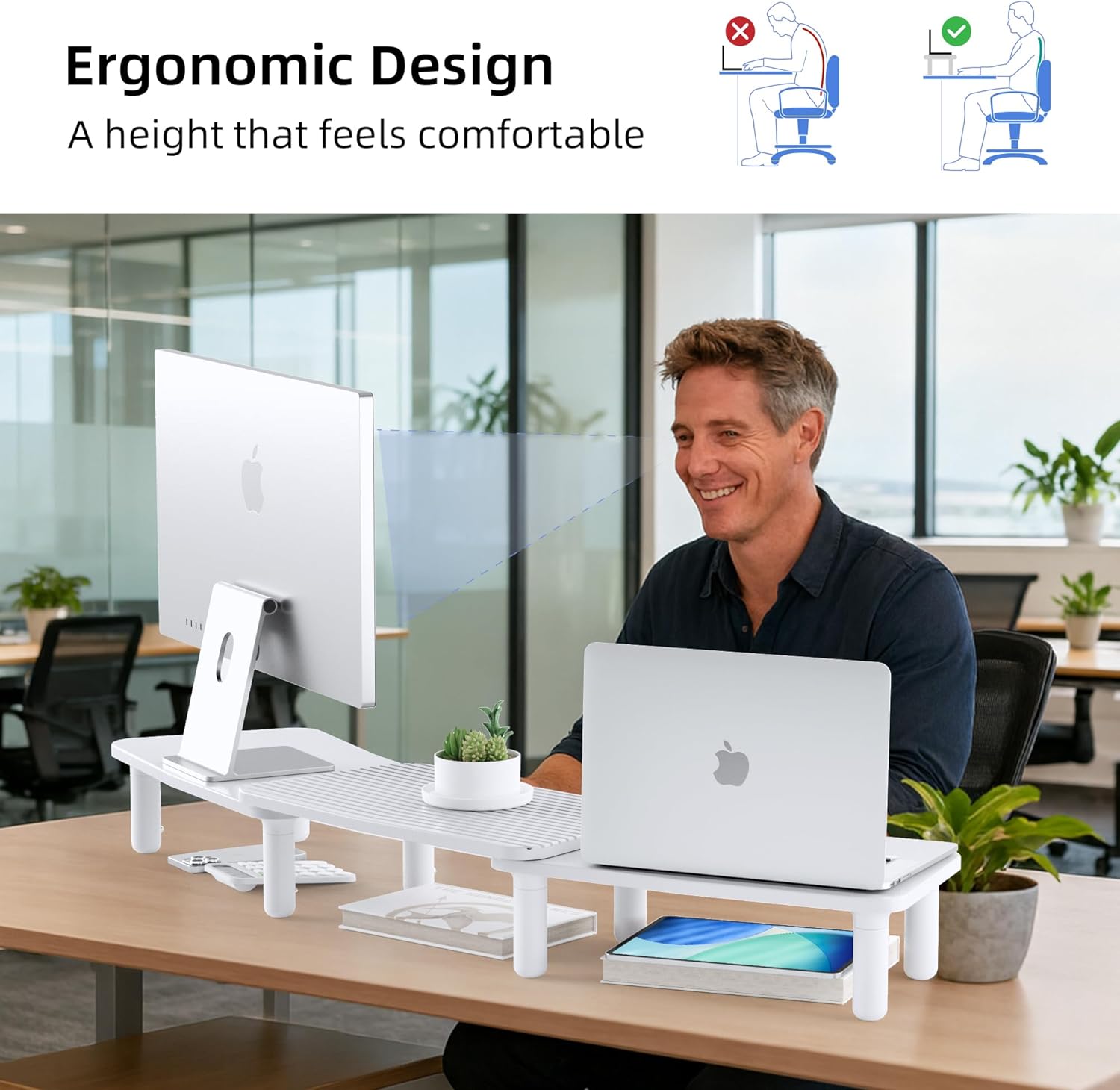 Dual Monitor Stand For Desk,Adjustable Height Long Wood Computer Riser For Computer,Laptop,Printer,TV,White