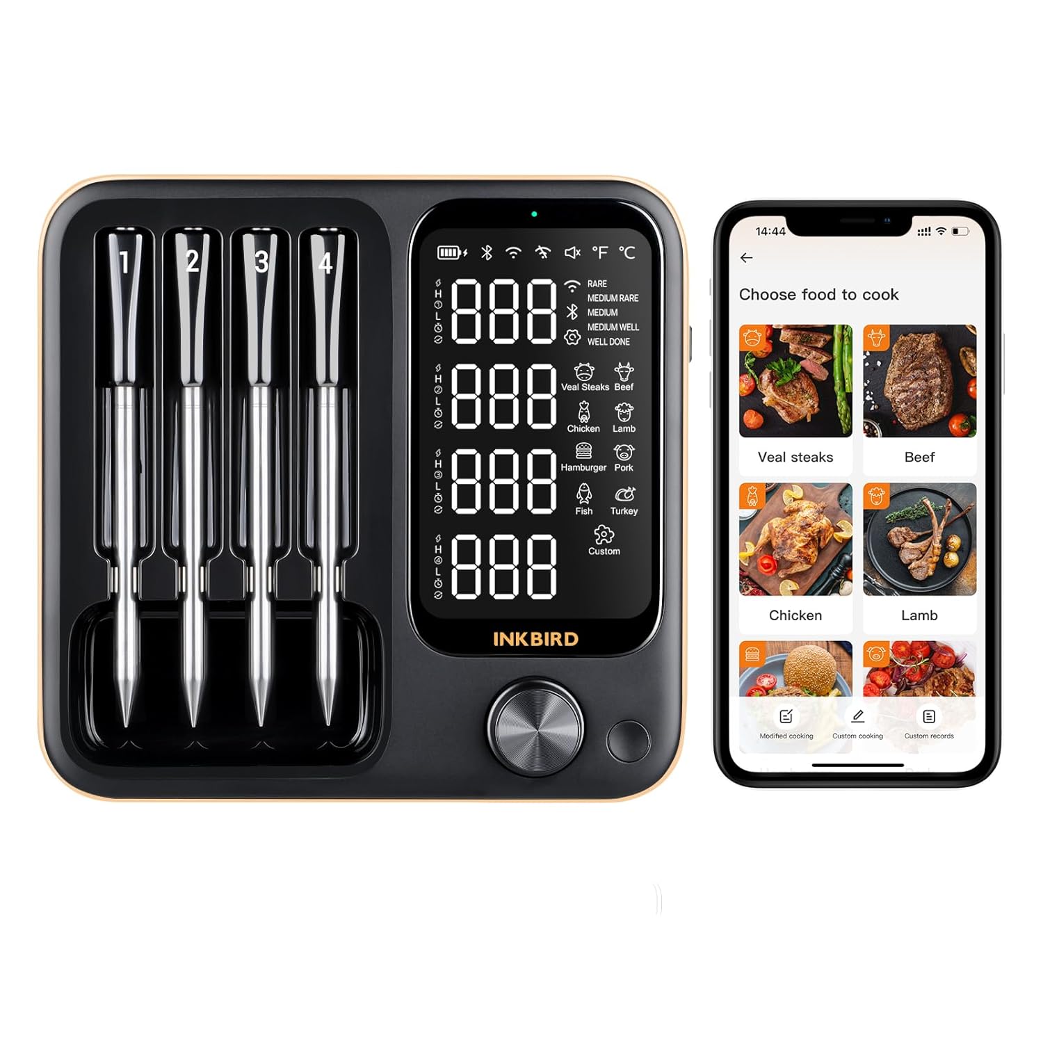 4 Probes Bluetooth Meat Thermometer Digital, Wireless Meat Thermometer for BBQ, Oven, Smoker and Air Fryer, IP67 Waterproof and Dishwasher Safe （14B-1）