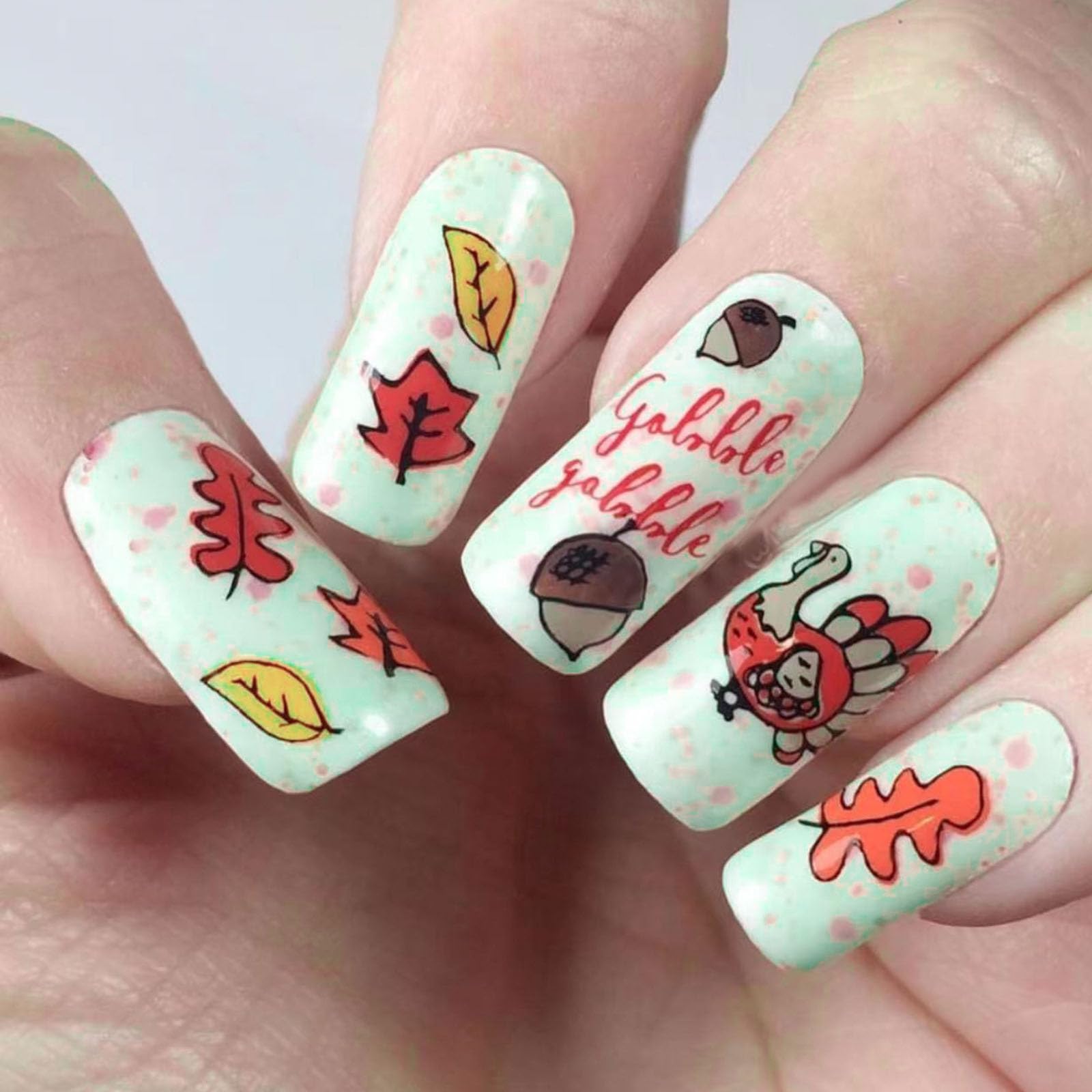 Fall Press on Nails Medium Square MABKJLF Thanksgiving Fake Nails White Full Cover Maple Leaf Turkey False Nails with Designs Glossy Glue on Nails
