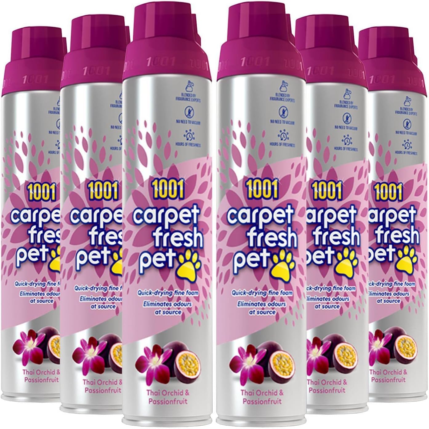 1001 Carpet Fresh Pet Thai Orchid & Passionfruit Fragrance – Quick drying, For use On Carpet Rug Upholstery Freshening Foam Pet Odour Remover, Pack of 6 300ml Aerosol Spray Can