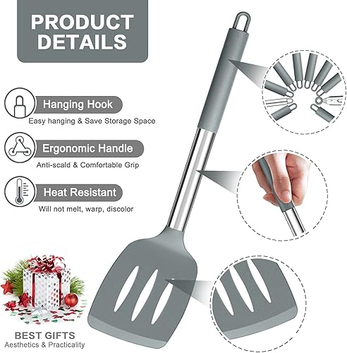 Miniatura 2 de P&P CHEF - Juego de 10 utensilios de cocina de cocina, resistentes al calor, con mango de acero inoxidable, espátula giratoria, cuchara y cortador