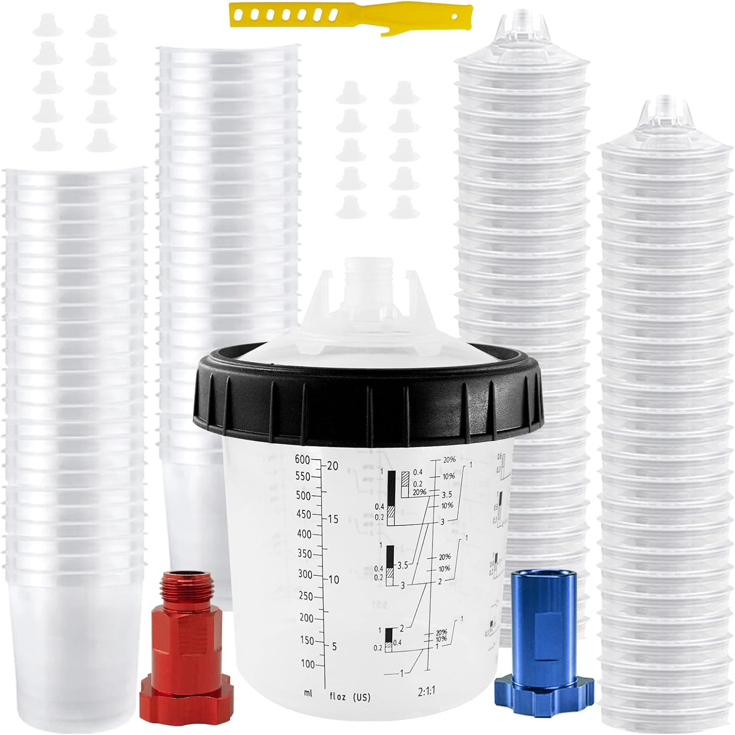 RRJ Disposable Paint Cup Spray Gun Cup, Paint System for LVLP and HVLP Spray Gun Kit 600 ML Mixing Cup with 50 Cups Liners and Lids, 1 Hard Cup with Retainer Ring, 2 Cup Adapter, Stirrer