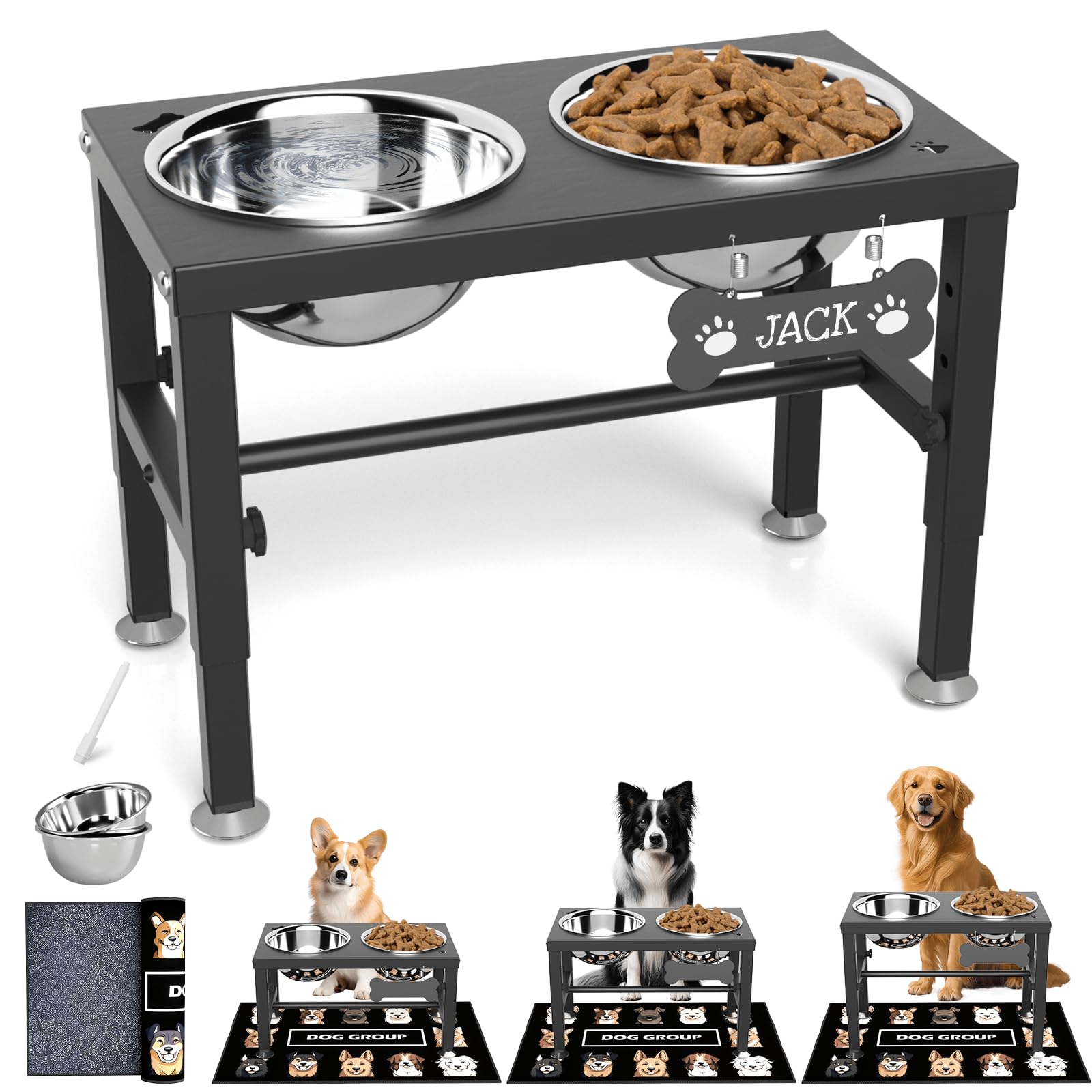 SHAINFUN Elevate Ciotole per cani con tappetino, supporto rialzato per ciotola per cani con 2 ciotole in acciaio inox da 1,644 g, supporto per cibo e acqua per cani alti