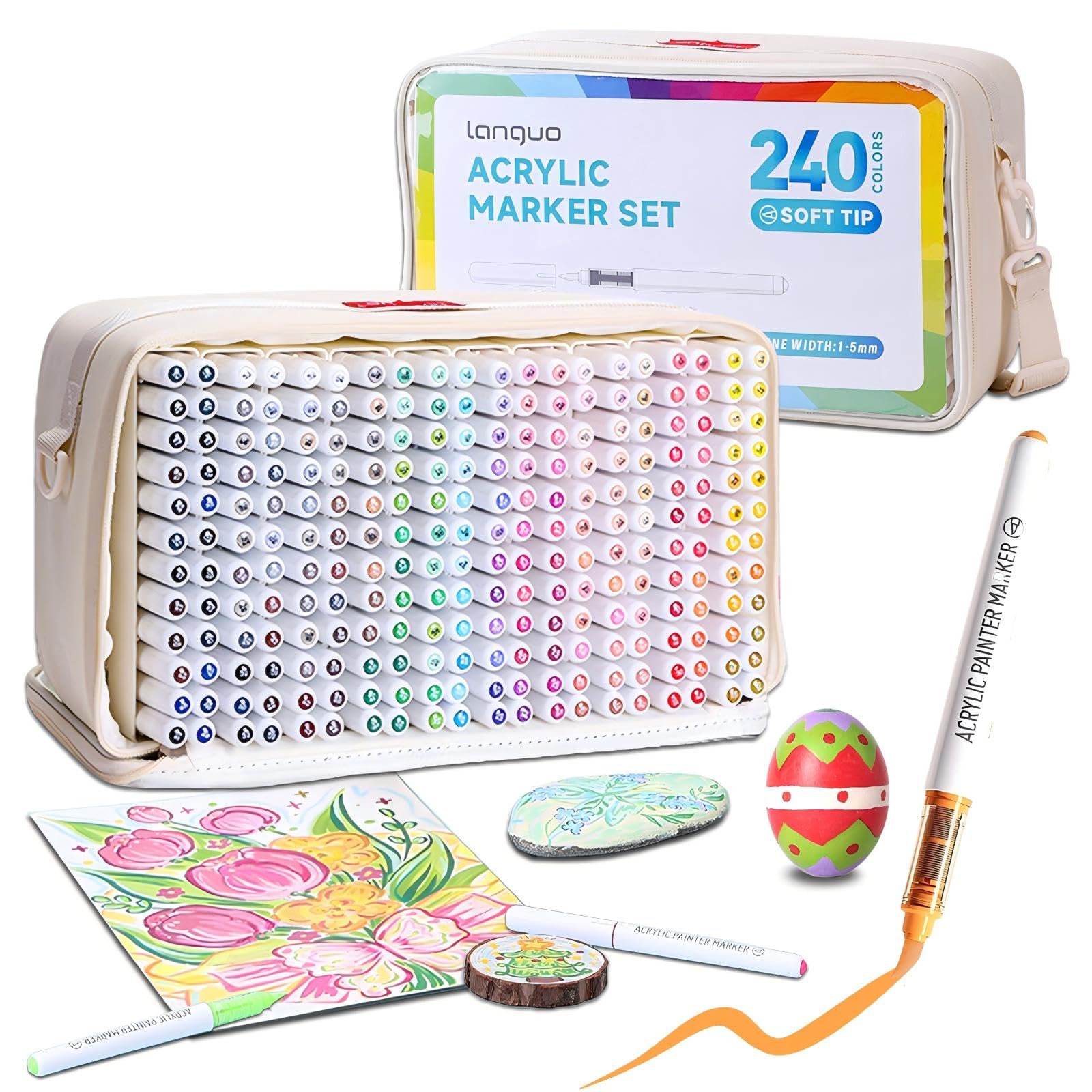 240 Acrylic Paint Pens, Soft Brush Tip Acrylic Paint Markers Set with Marker Bag and Storage Base, Colouring Drawing Art Marker Pens for Fabric Canvas Stone Egg Wood Metal Ceramic and DIY Art Crafting