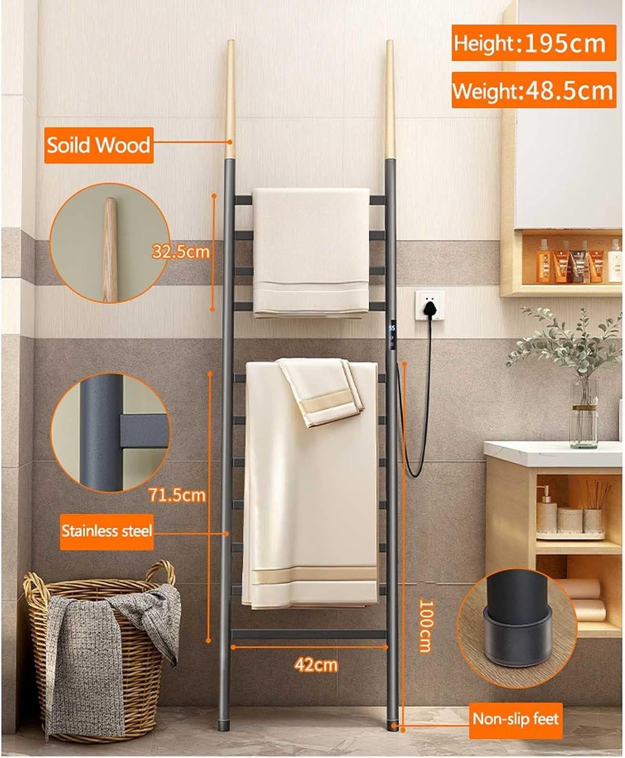 Freestanding Electric Towel Warmer, Ladder Heated Towel Rack with Digital Touch Control, for Bathroom, Living Room, Balcony, 45-70℃ Temperature Range