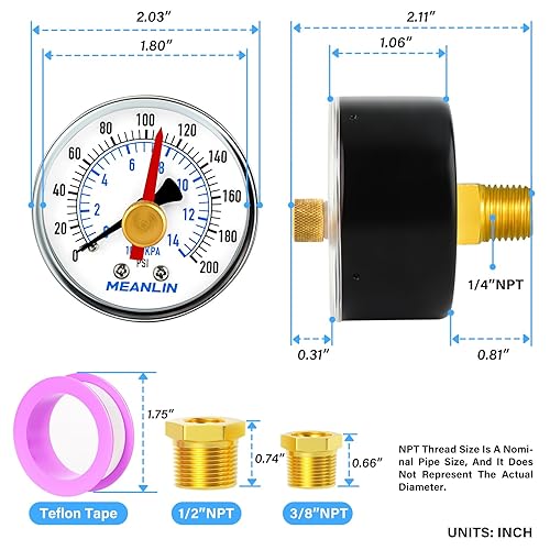 Miniatura 2 de MEANLIN MEASURE Manómetro de bomba de pozo NPT de 0-200 Psi con cara de dial de 2 pulgadas y adaptador NPT de 12 pulgadas y adaptador NPT de 38