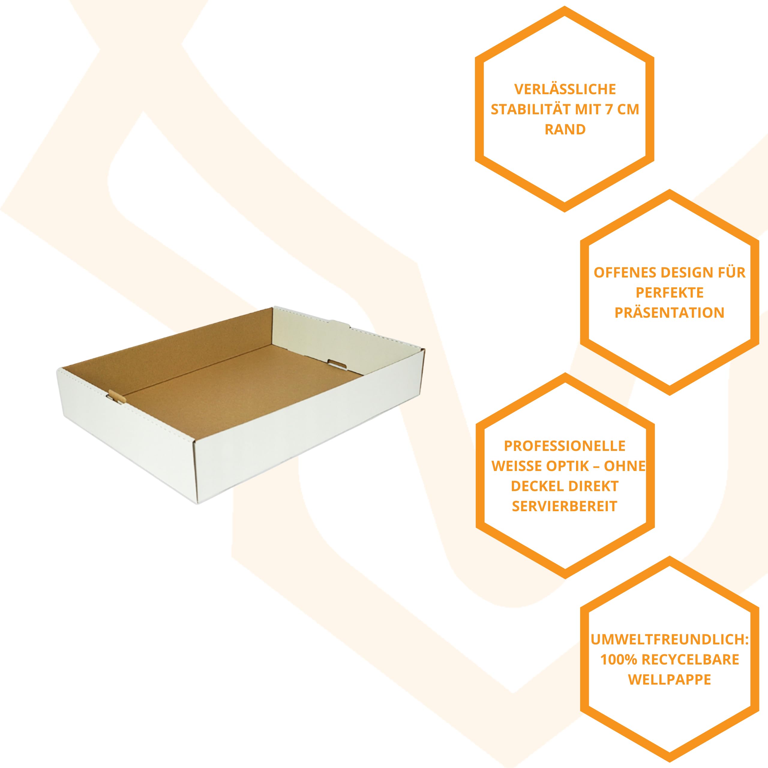 KAPAK 10er Kuchen Tray Weiß 40x30x7 cm - Offenes Präsentations-Tray aus Wellpappe - Rechteckige Gebäckschale - Donut & Blechkuchen Papp-Tray