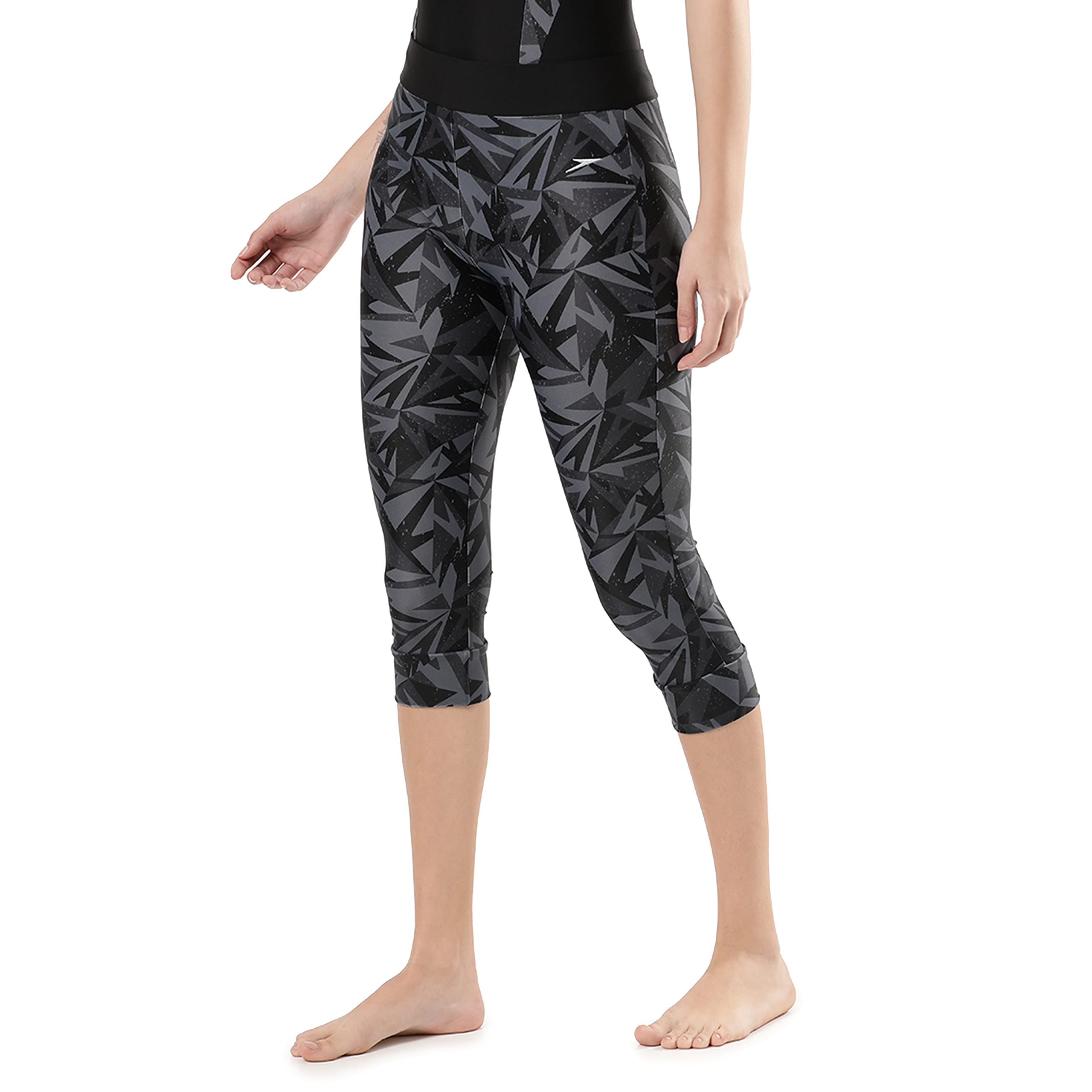 Speedo Women's Printed Contrast Swim Capri - Black & Oxid Grey