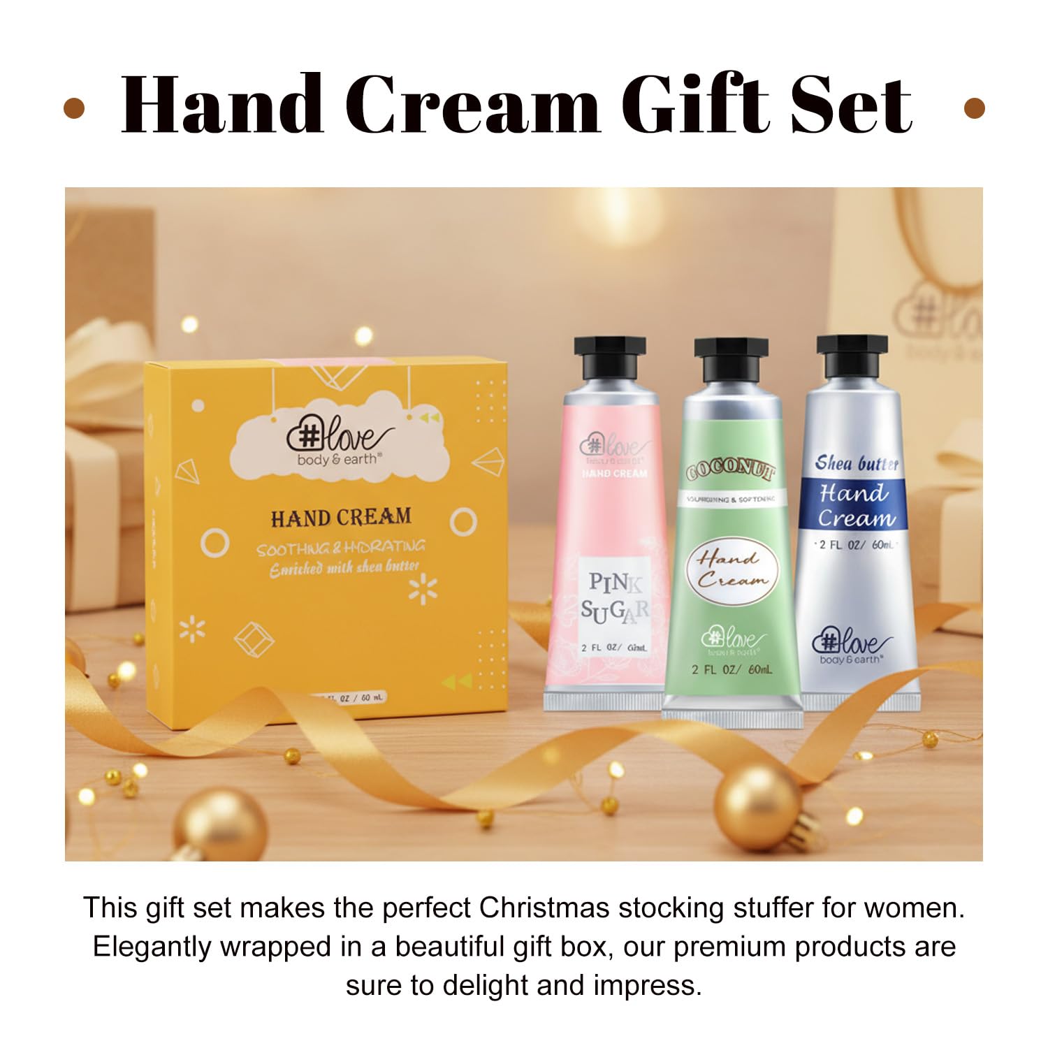 Body & Earth Love krem do rąk, pudełko na prezent dla kobiet, naturalne składniki z masłem shea, krem do pielęgnacji rąk do suchych rąk, 3 x 60 ml balsam podróżny (żółty)