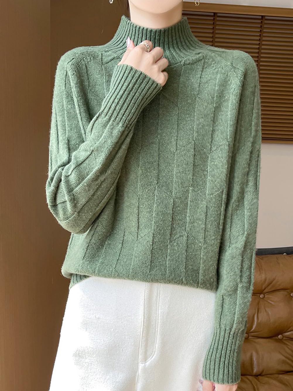 100% Merino Wool Sweaters for Women's Fall Winter Knitted Thick Pullover Long Sleeves Warm Rhombus Turtleneck(WQ706)