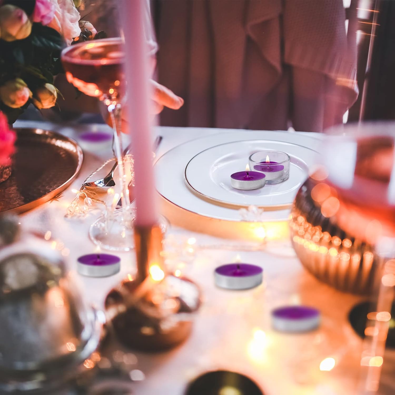 LANKER 50 Pack Mini Tea Lights Candles - Unscented - Smokeless - 2 Hour Burn Time - Decoration for Wedding, Party, Dating and Festival Celebration (Purple)