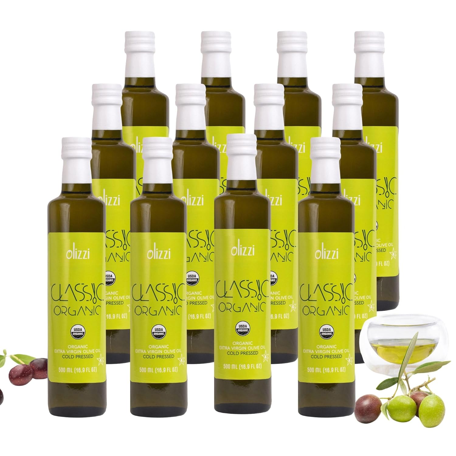 Olizzi Classic Organic Olive Oil Extra Virgin Cold Pressed, New Harvest, Hand Picked, USDA Organic, Kosher, Smooth and Fruity EVOO, Cooking Oil, Sauteing, Stir-Frying, Salad Dressing (12, 16.9 FL OZ)