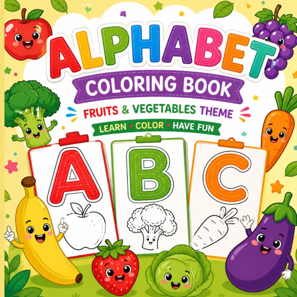 Fruits & Vegetables Alphabet Coloring Book for Kids: Learn ABCs with Healthy Foods | Cute & Easy Coloring Pages for Toddlers and Preschoolers Ages 3-8