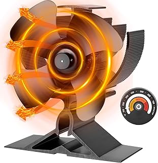 Log Burner Fan, 4 Blades Wood Stove Fan, Small Heat Powered Wood Burner Fans with Stove Thermometer, Silent Operation Fan for Wood Burning Stove/Log Burner/Fireplace, Eco & Efficient Heat Distribution