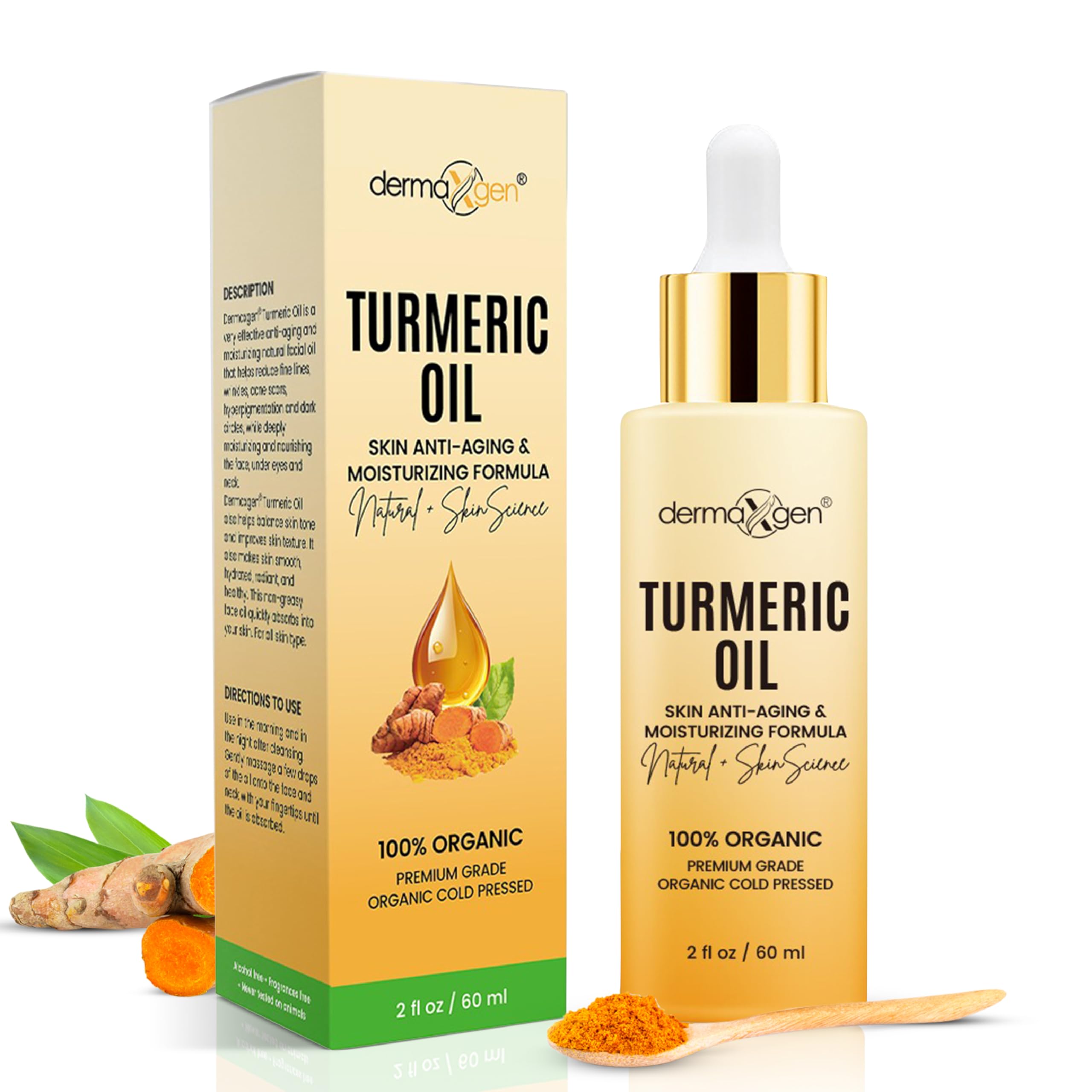 Organic Turmeric Oil for Skin Lightening – Turmeric Face Oil for Dark Spots, Anti-Aging & Hydrating Dry Skin – Glow Moisturizer for Face, Neck & Eyes (2 FL OZ / 60 ML)