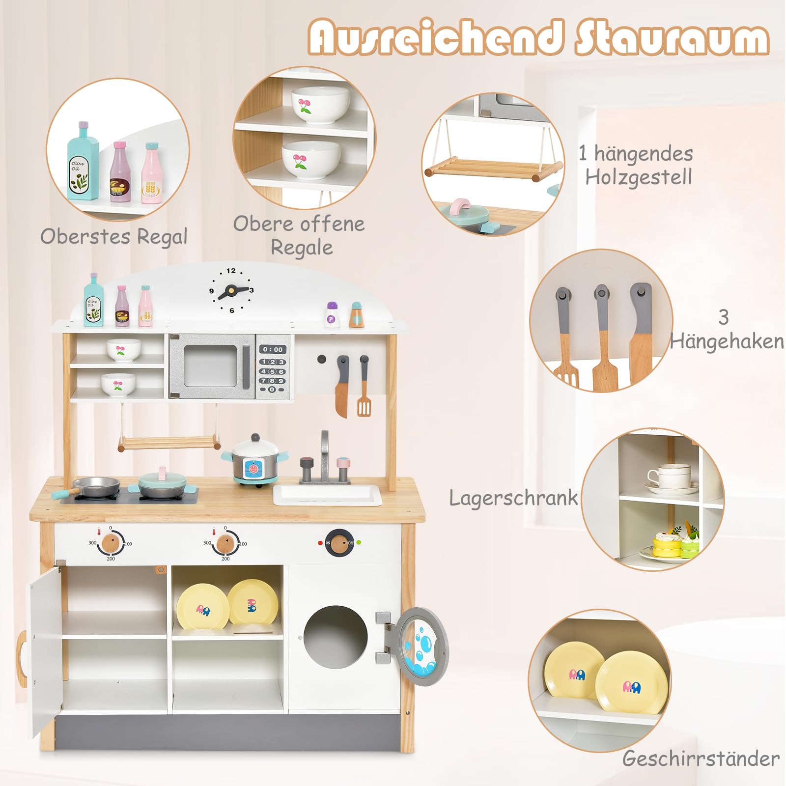 GOPLUS Kinderküche mit Spielzubehör, Spielküche mit Backofen, Mikrowellen, Wasserbecken & Waschmaschine, Stabiler Spielzeugküche mit offener Fächer und Schränke, für Kinder ab 3 Jahren