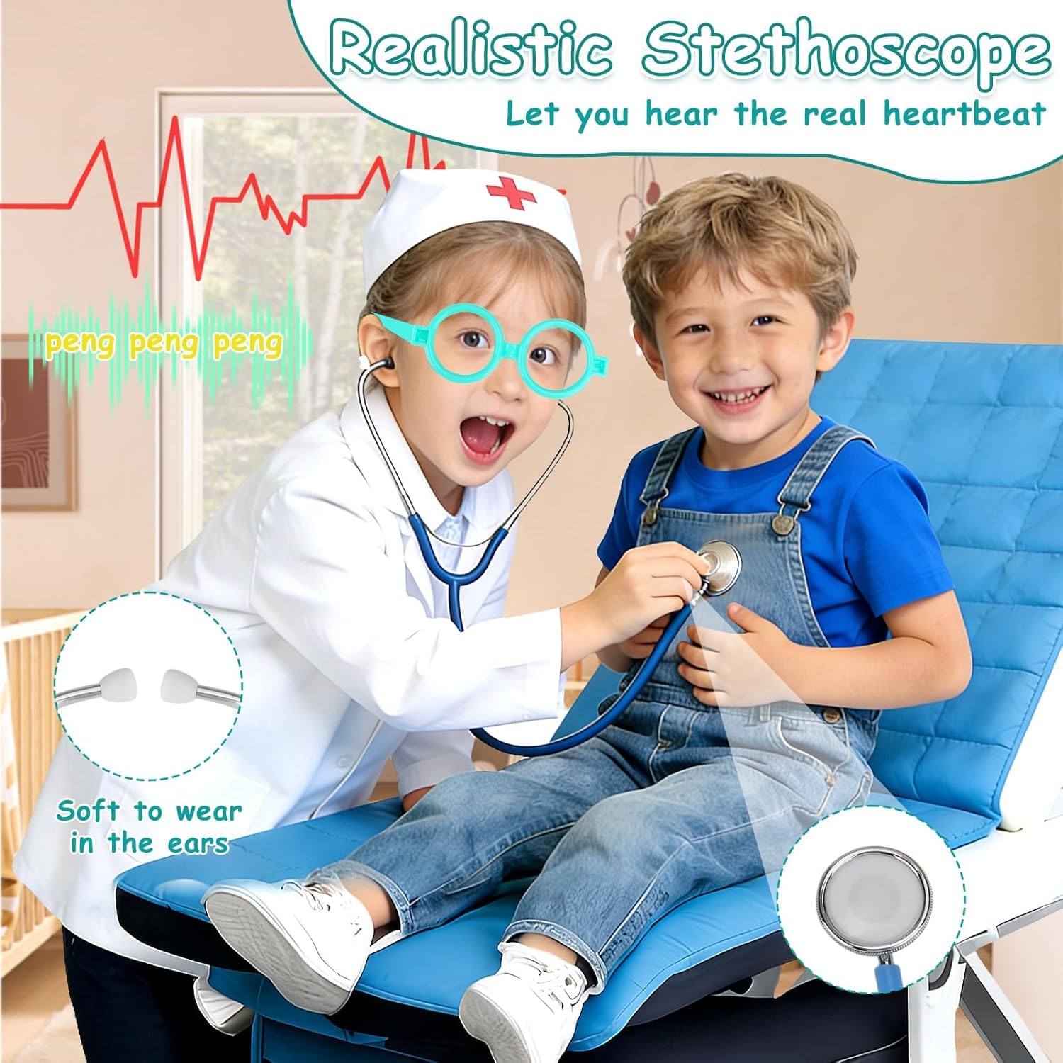 Malette Docteur Enfant,Kit de Médecin Jouets Déguisement de Docteur Accessoires en Bois avec Stéthoscope,Thermomètre,Capsule,Jeu d'imitation Cadeau pour Fille Garçon Enfant 3+ Ans - Vert - 5