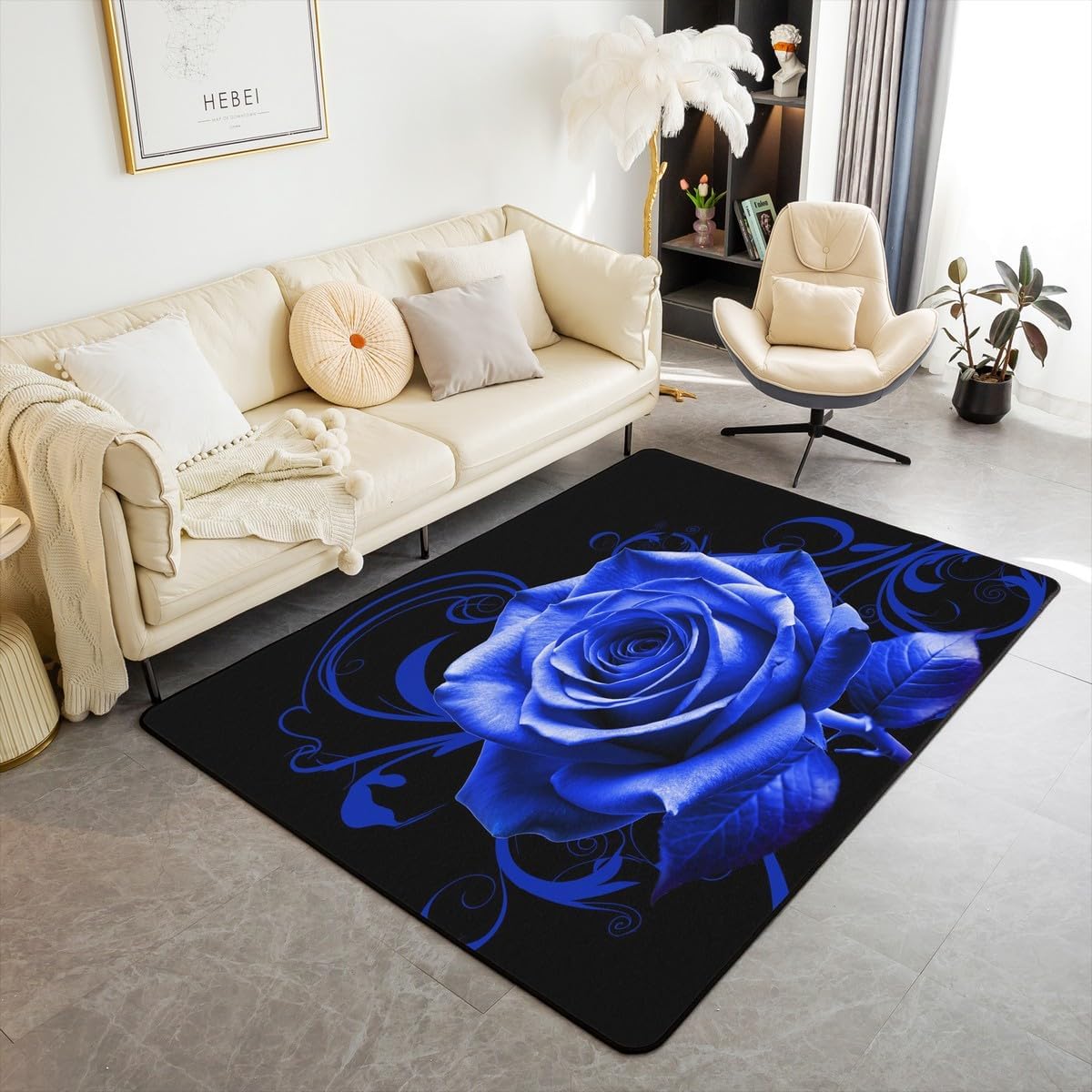 Feelyou Blue Rose Area Rug 3x5 Rose Floral Flower Decorative Carpet Set Garden Flower Living Room Rugs Romantic Valentine's Day Indoor Floor Mat Room Decor