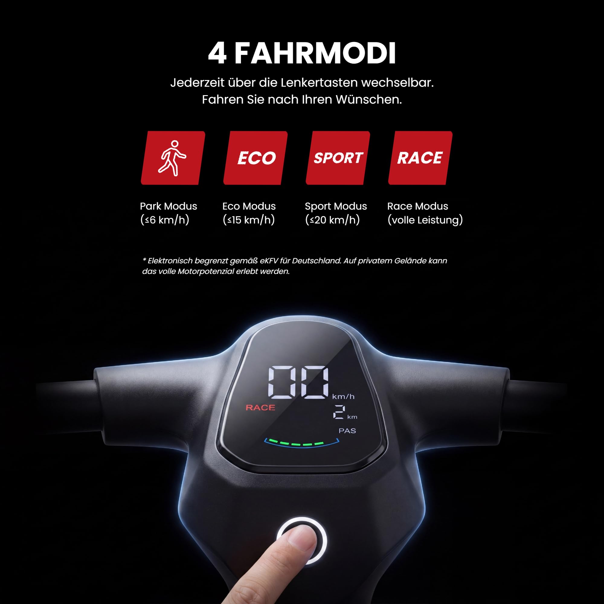 LAELIN RS-Serie E-Scooter mit Straßenzulassung und Fingerprint Sensor (20 km/h, bis zu 85km Reichweite, 45% Steigung, Schlauchlos, Dual-Bremsen, Display, App, TCS)