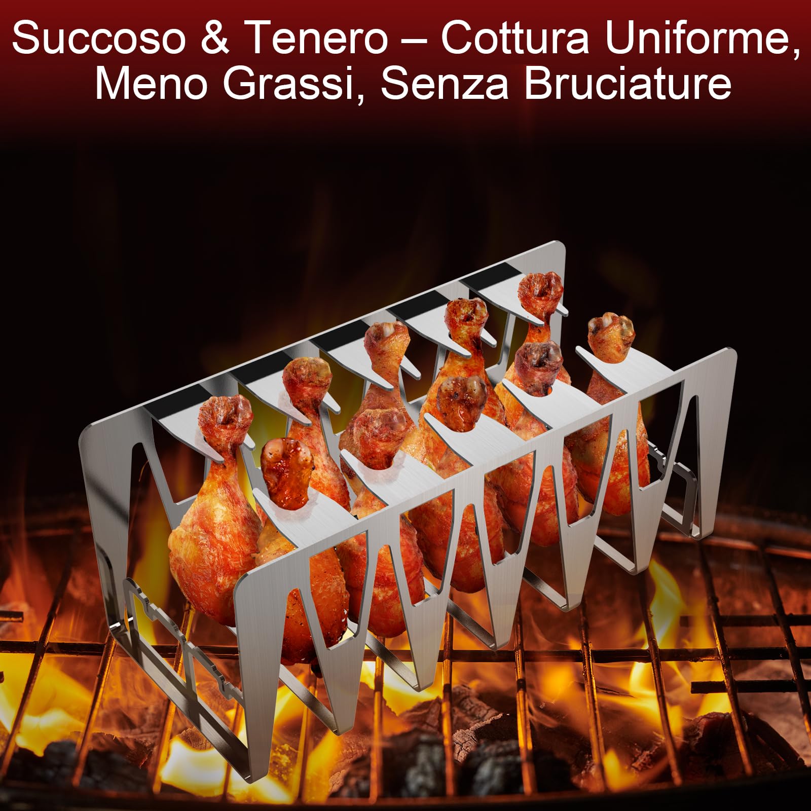 Spareribs, supporto per cosce di pollo, accessorio per barbecue in acciaio inox, facile da grigliare indirettamente, griglia multifunzione per uomini e anche un buon regalo (set da 2, argento