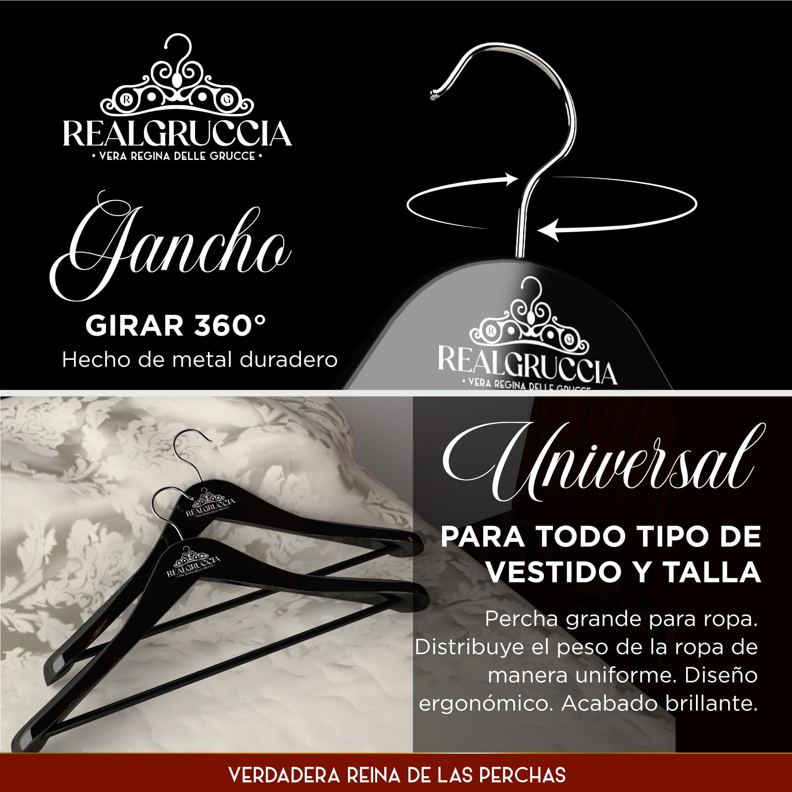 6 Perchas de Madera Negras con Hombros Anchos para Ropa Abrigos Trajes 24x45cm RealGruccia - Gancho Giratorio 360° y Barra para Pantalones - Acabado Brillante y Perfil Biselado