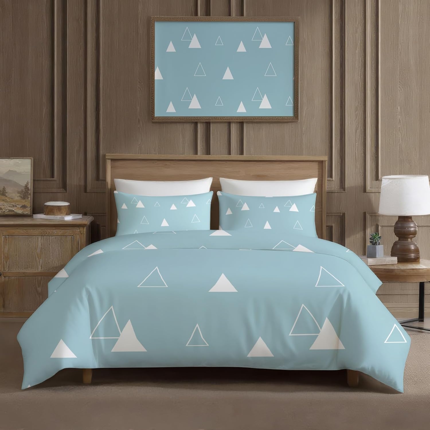 Triangle Duvet Cover Twin Size - Kids Blue and White Bedding Set & Bedroom Decor, 2 Piece, Soft Microfiber Reversible Comforter Cover & 1 Pillow Sham, with Zipper Closure and Ties