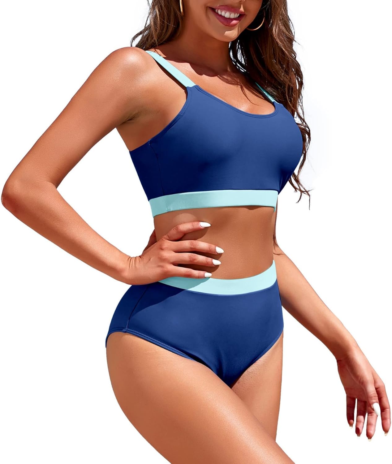 Womens High Waisted Bikini Sets Sporty Crop Top Color Block Swimwear Bandeau Scoop Neck Vintage Two Piece Bathing Suits