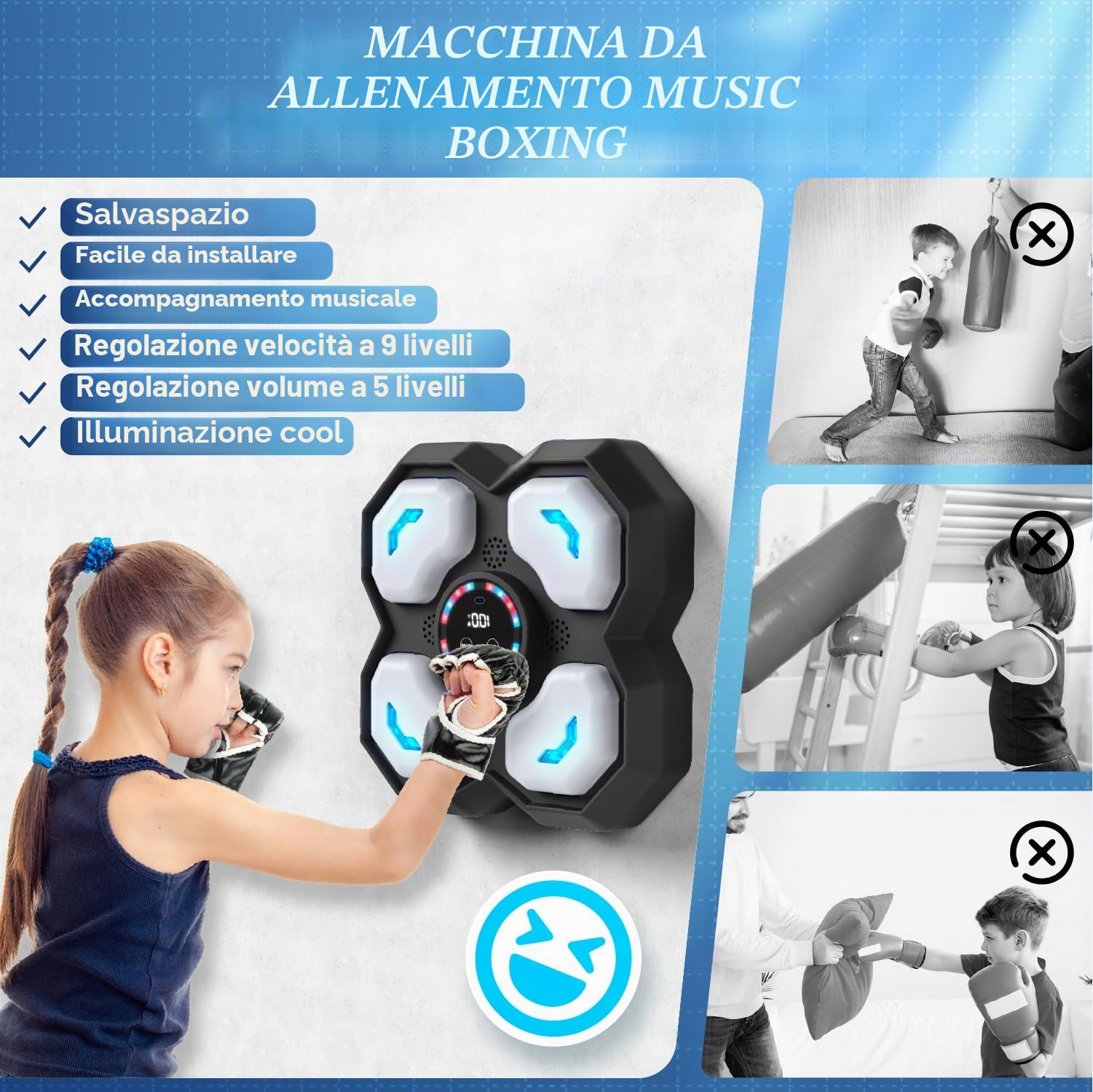 snookids Music Boxing Machine per bambini, con luce a LED, elettronica da boxe, con guanti da boxe, Smart Music Punch Sport Dispositivi con 9 modalità di velocità, controllo del volume, modalità