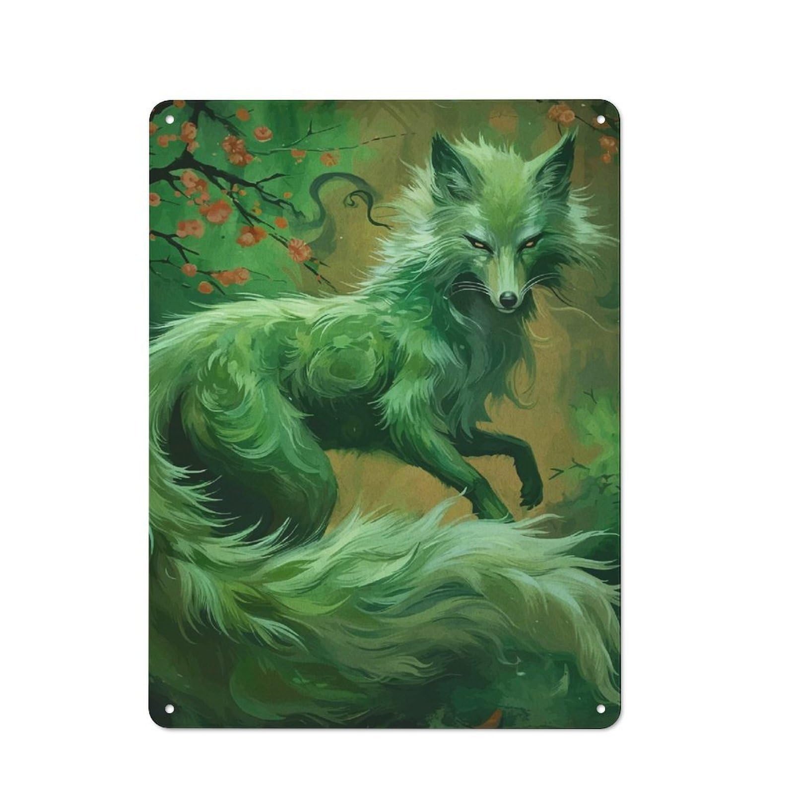 Junmoney Style-4 40X30cm Retro Tin Sign With Emerald Fox In Forest For Lounge Or Reading Corner, A Decorative Metal Sign For Lounges And Reading Corners
