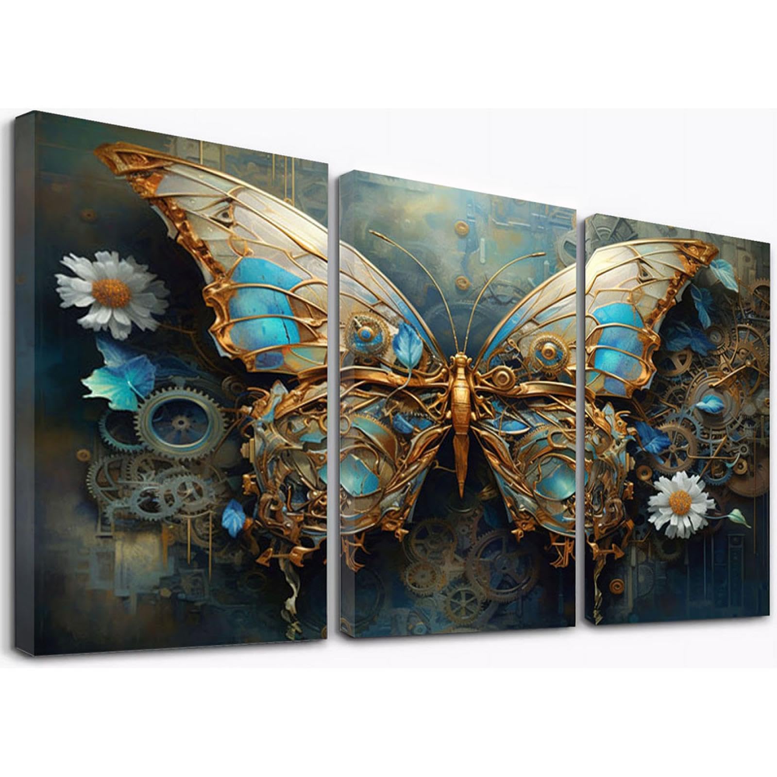 SHYAMIC 3 Piezas Cuadro Lienzo Abstracto, Flores de mariposa modernas Pintura Cartel HD Impresión de Imagen Salon baño Comedor dormitorio Decoración de pared - 50x70cmx3 Enmarcado