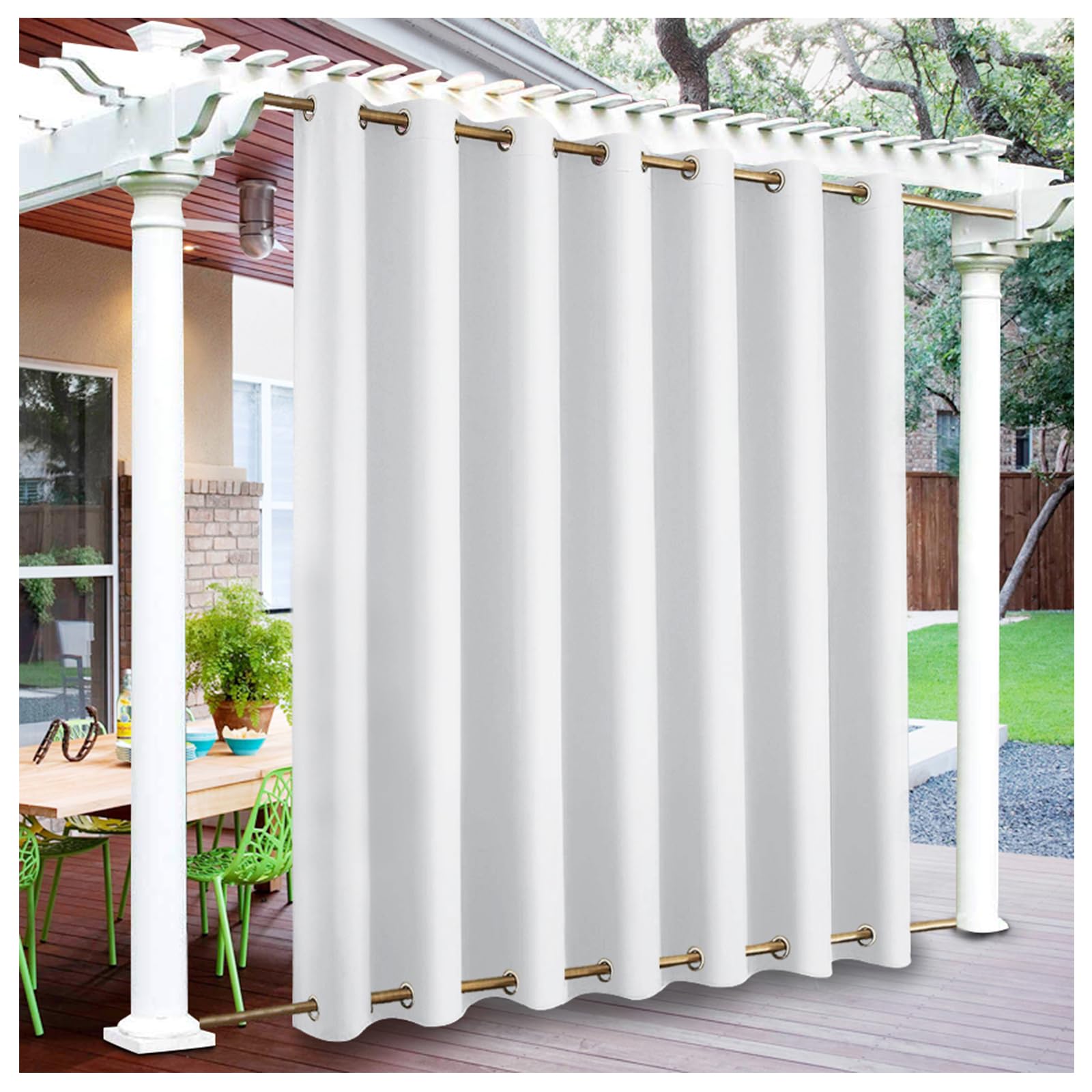 Mewkew White Outdoor Curtains for Pergola Garden Patio Waterproof Windproof Blackout Thermal Insulated Double Grommet(Top and Bottom) Outdoor Curtains for Porch Yard Arbor (1 Panel,W 137.8"×L 100")