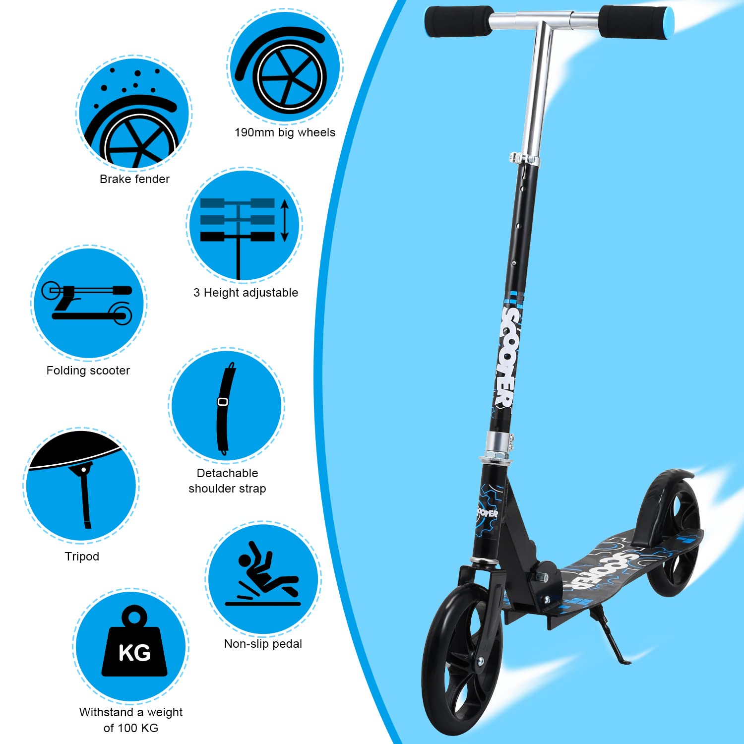 Sonnewelt Monopattino per bambini, con ruote Big Wheel, regolabile in altezza e scooter per adulti, con portata fino a 100 kg, per età 3 e superiori