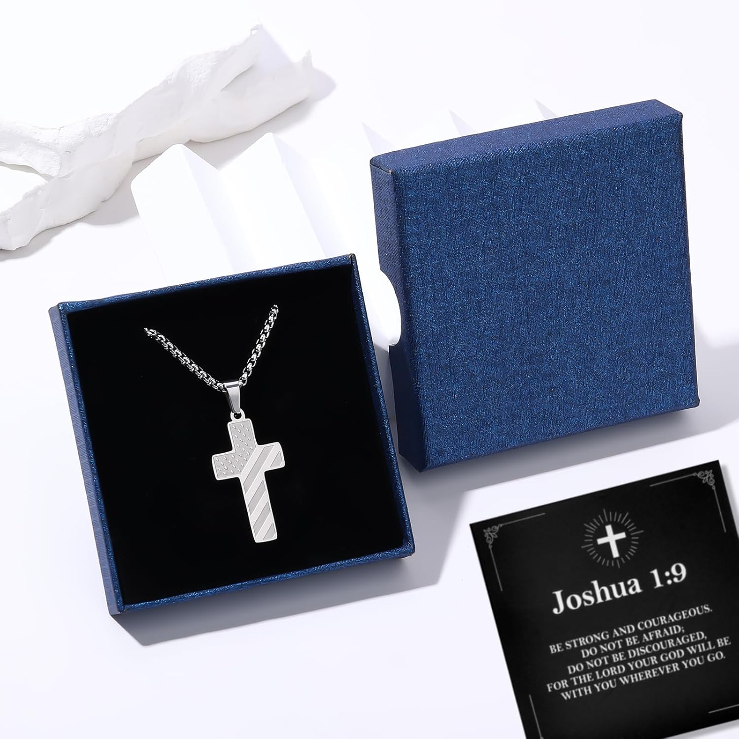 18+2 Inch Stainless Steel Cross Necklace Black American Flag Pendant – Bible Verse Christian Religious Necklaces Jewelry - Birthday Baptism Valentine Military Gift for Teens Grandson Son - Image 8