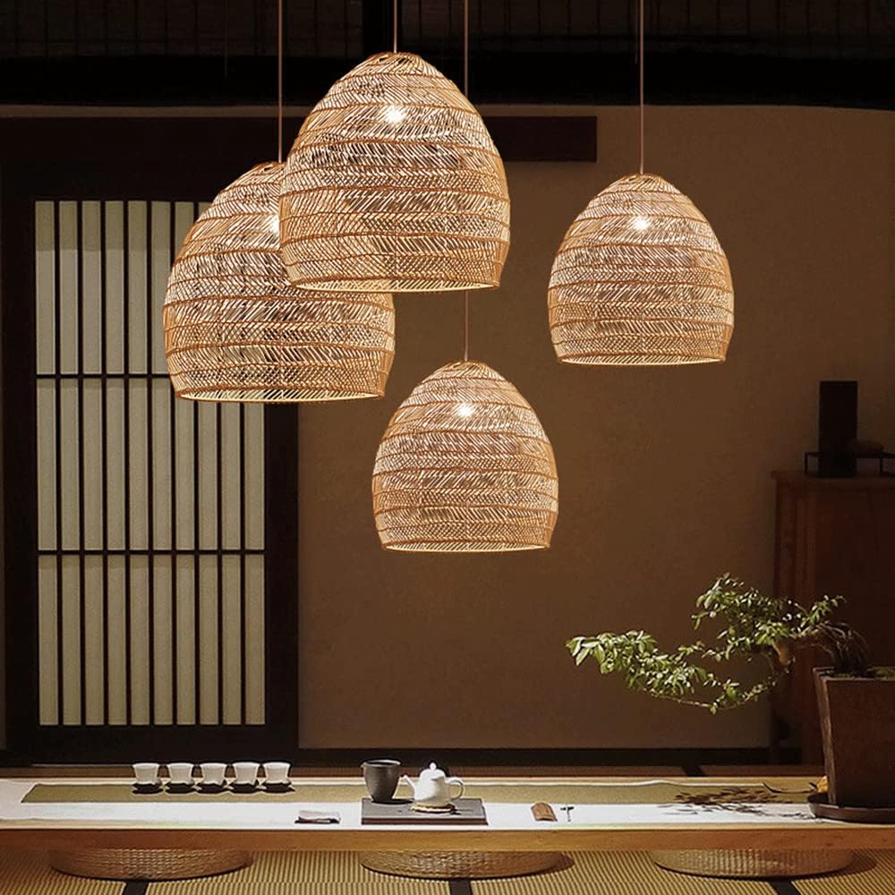 Bamboo Woven Hanging Lamp Rattan Elegant Kitchen Island Hollow Wicker Light Fixture Pastoral Style Farmhouse for Living Room Dinging Room Farmhouse
