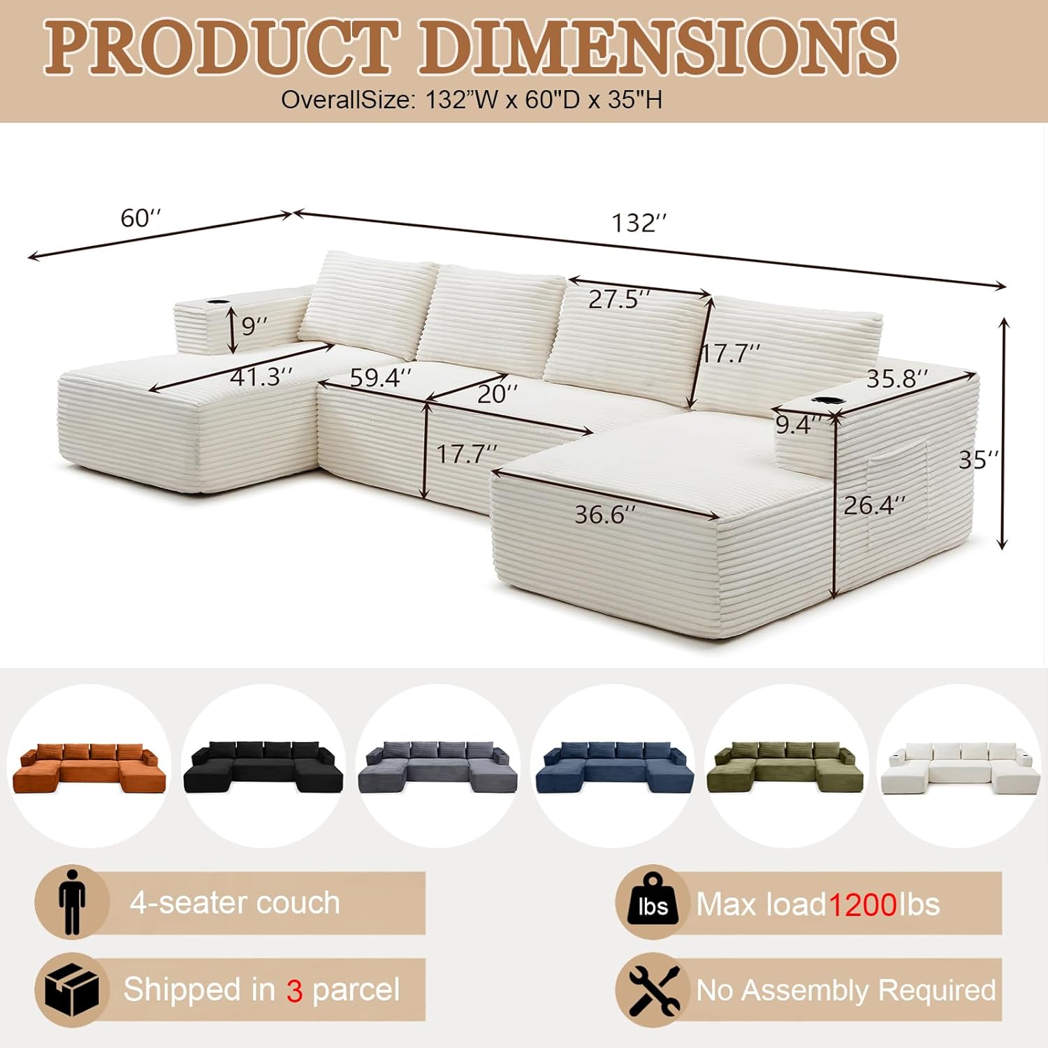 132 Inch Cloud Sectional Couch with Cup Holder, Modern Oversized 4-Seater U-Shaped Boneless Couch with Deep Seat, Modular Corduroy Couches for Living Room, No Assembly Required,Beige