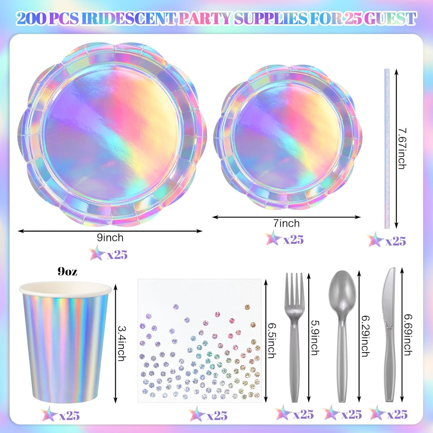 200 Pcs Iridescent Party Supplies Decorations, 25 Guest Scalloped Iridescent Graudation Plates and Napkins Bachelorette Decorations Holographic Tableware for Birthda Bridal Wedding Disco - Image 3