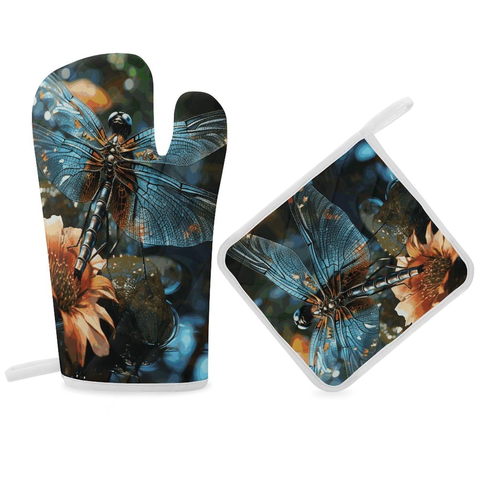 Fodpand Women's Style Dragonfly Flying On The Pond Oven Mitts And Pot Holders Sets,Oven Gloves For Kitchen Oven Mitts And Potholders For Baking Cooking Grilling Apartment Essentials