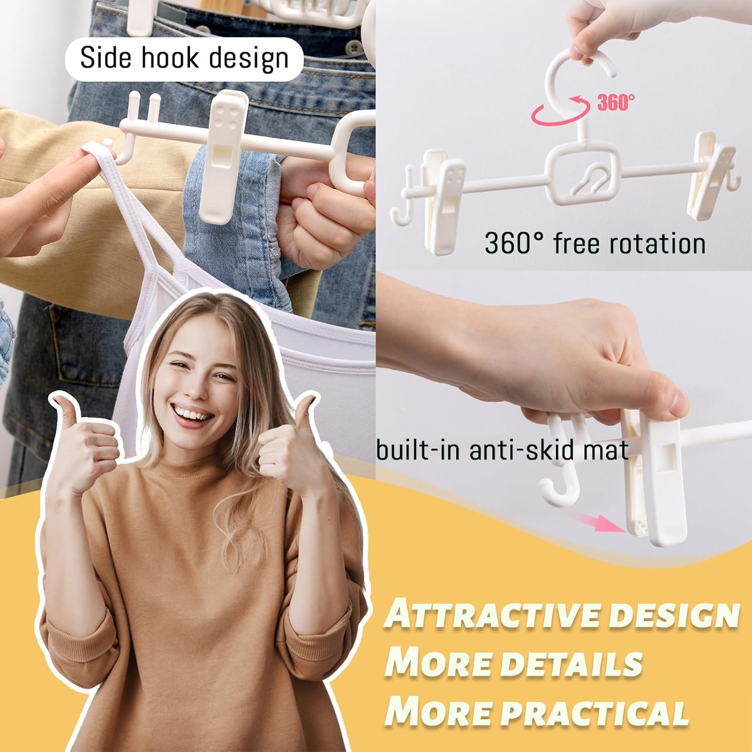 18 Pack Pants Hangers with Clips-Stackable White Plastic Trouser Skirt Hangers, 360° Swivel Hook, Adjustable Non-Slip Clips, Space Saving Closet Organizers for Jeans, Baby Clothes, Drying