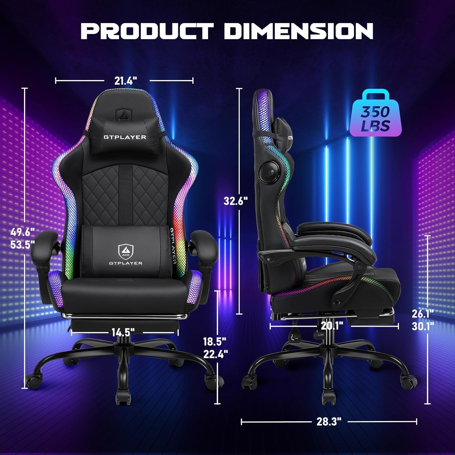 GTPLAYER RGB Gaming Chair with Speakers - LED Computer Game Chair for Adults, PC Home Office Chairs with Footrest & Lights, Reclining Desk Chairs, Dark Black