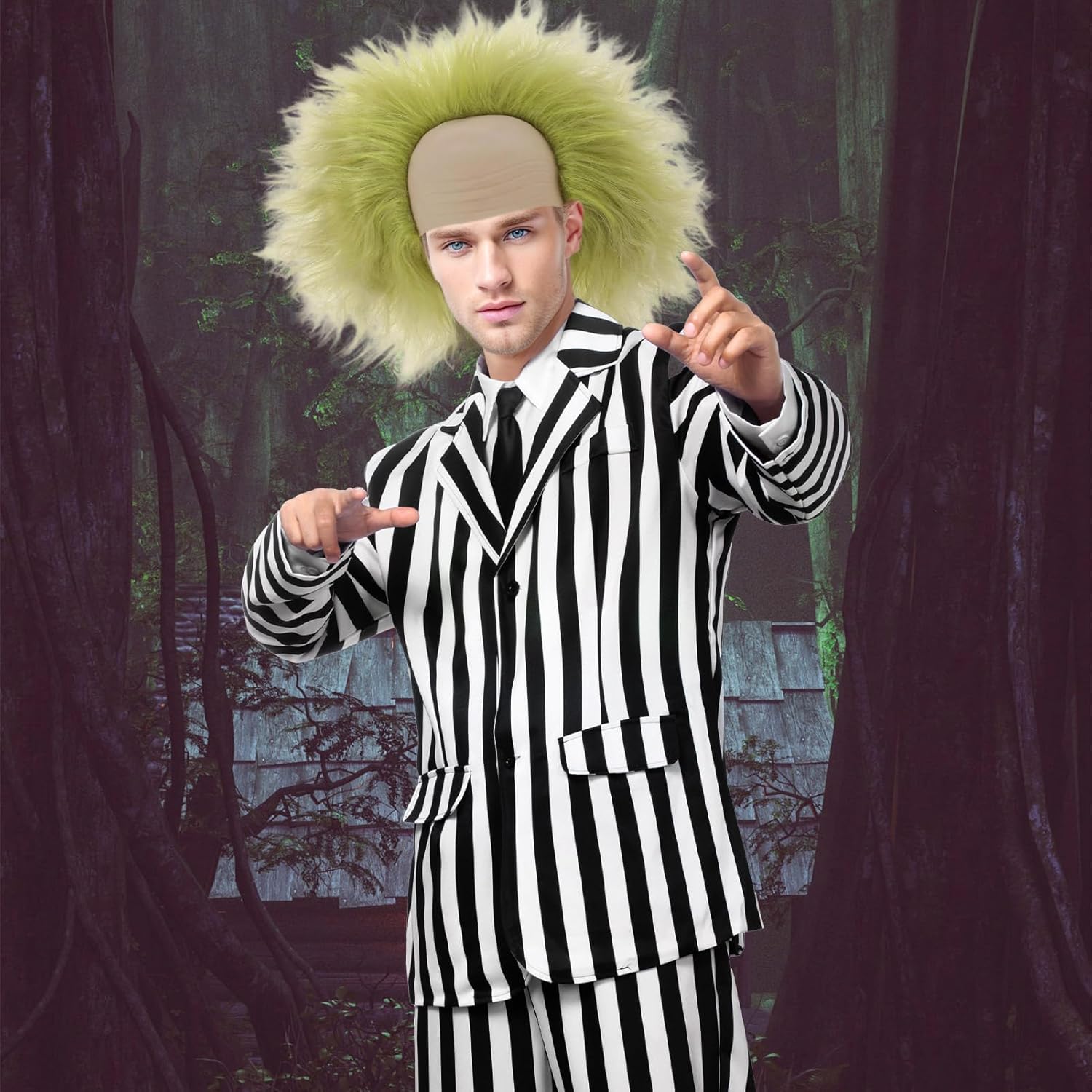 Black White Striped Set, Beatle Juice Cosplay Blazer with Wig Pants Tie, Halloween Costumes for Adults - Image 7