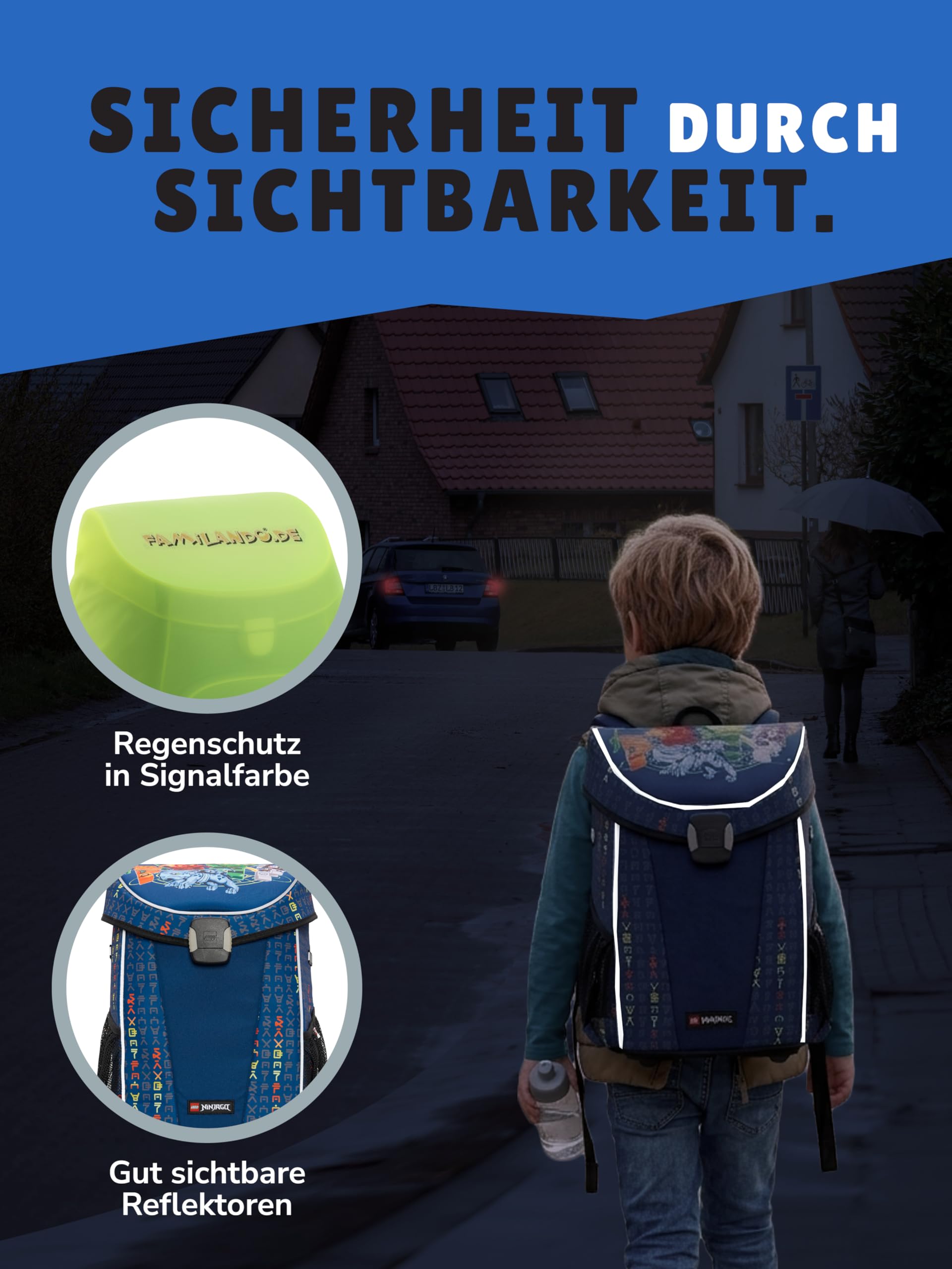 Familando - Schulranzen Set 10-teilig mit Schultüte - Ninjago Blau - Ergonomisch, stabil & mit gepolstertem Rücken - 870g leicht mit 29L Volumen - wasserabweisend und mit Reflektoren - Ab 1. Klasse