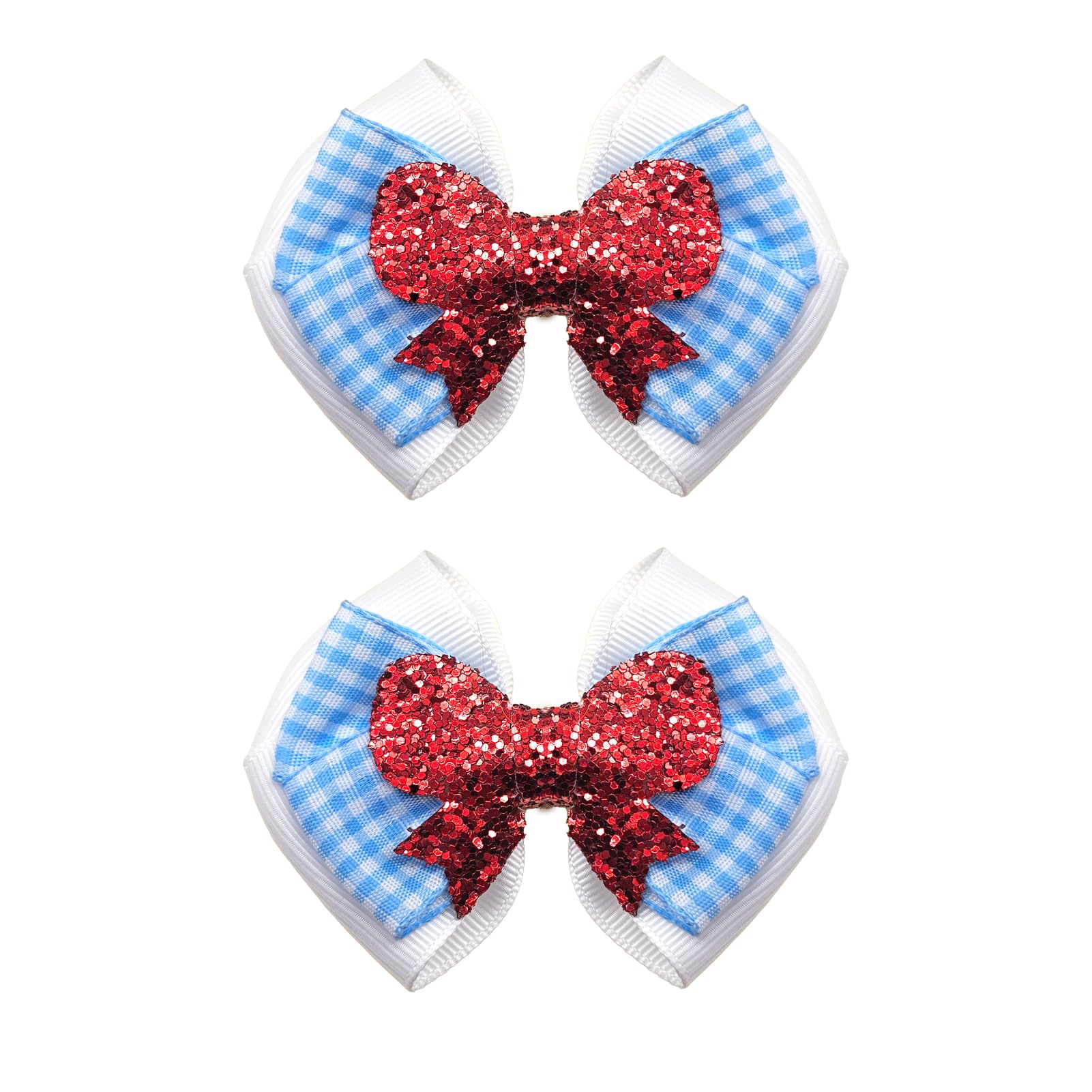 2Pcs Checker Hair Bow Clips for Halloween Wizard Costume Hair Accessories Blue White Gingham Plaid Bow3.5 In