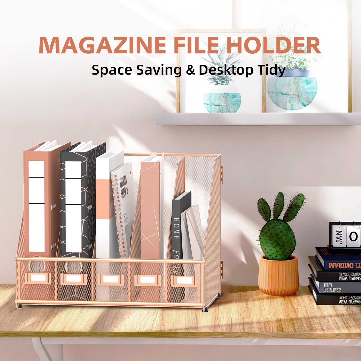5 Vertical Compartments Magazine Holder, Metal Binder Organizer, RoseGold image 4
