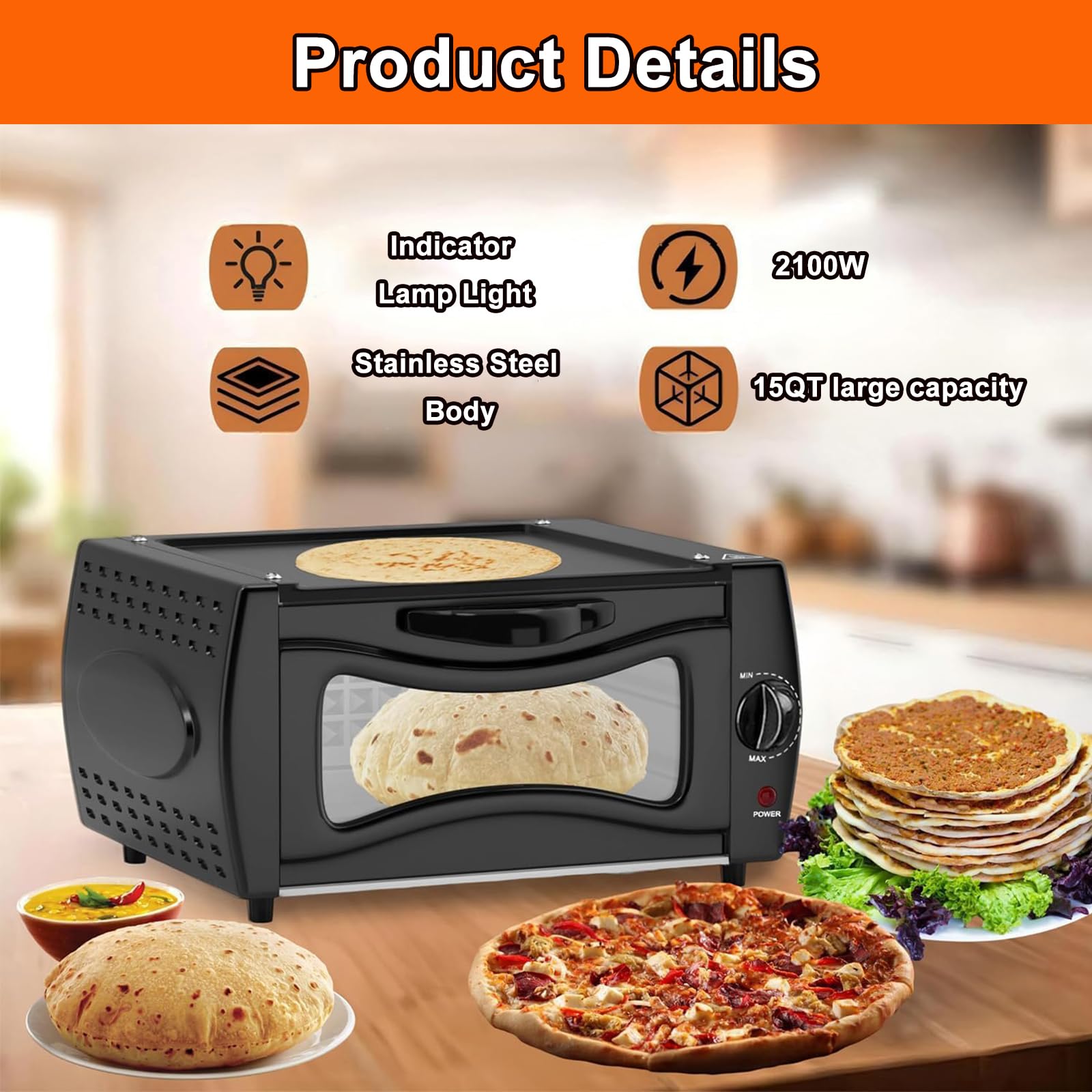 Four Tandoori 2 en 1, Four Tandoori électrique 2100 W, Mini-Machine à Pizza 15 L, Contrôle De Température De 122 ° F à 752 ° F, pour La Maison Et Les Plats à Emporter