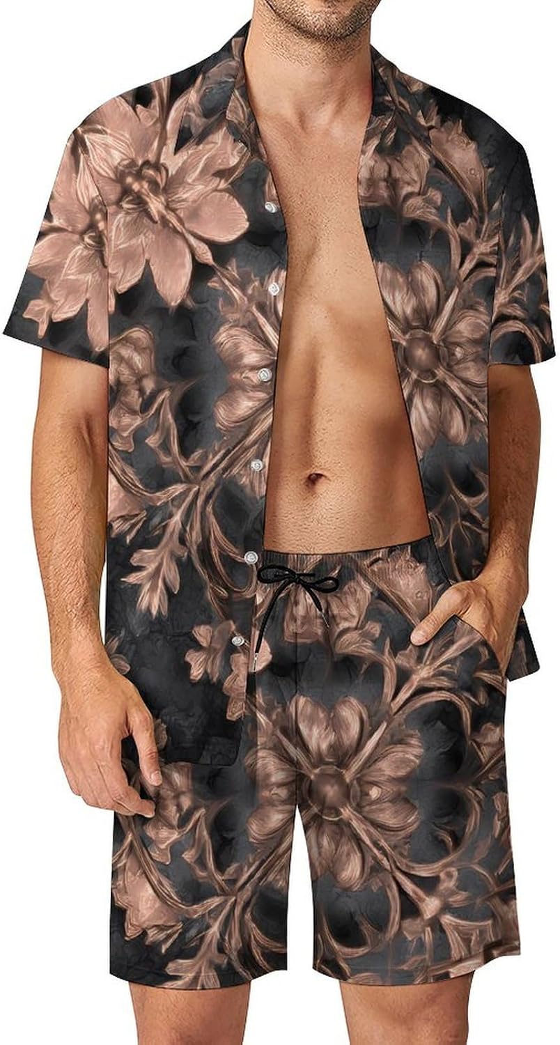 Vintage Rose Gold Flowers Men's Summer Beach 2 Piece Outfits | hawaiian button down shirt and shorts,vacation cruise,mens bathing suit