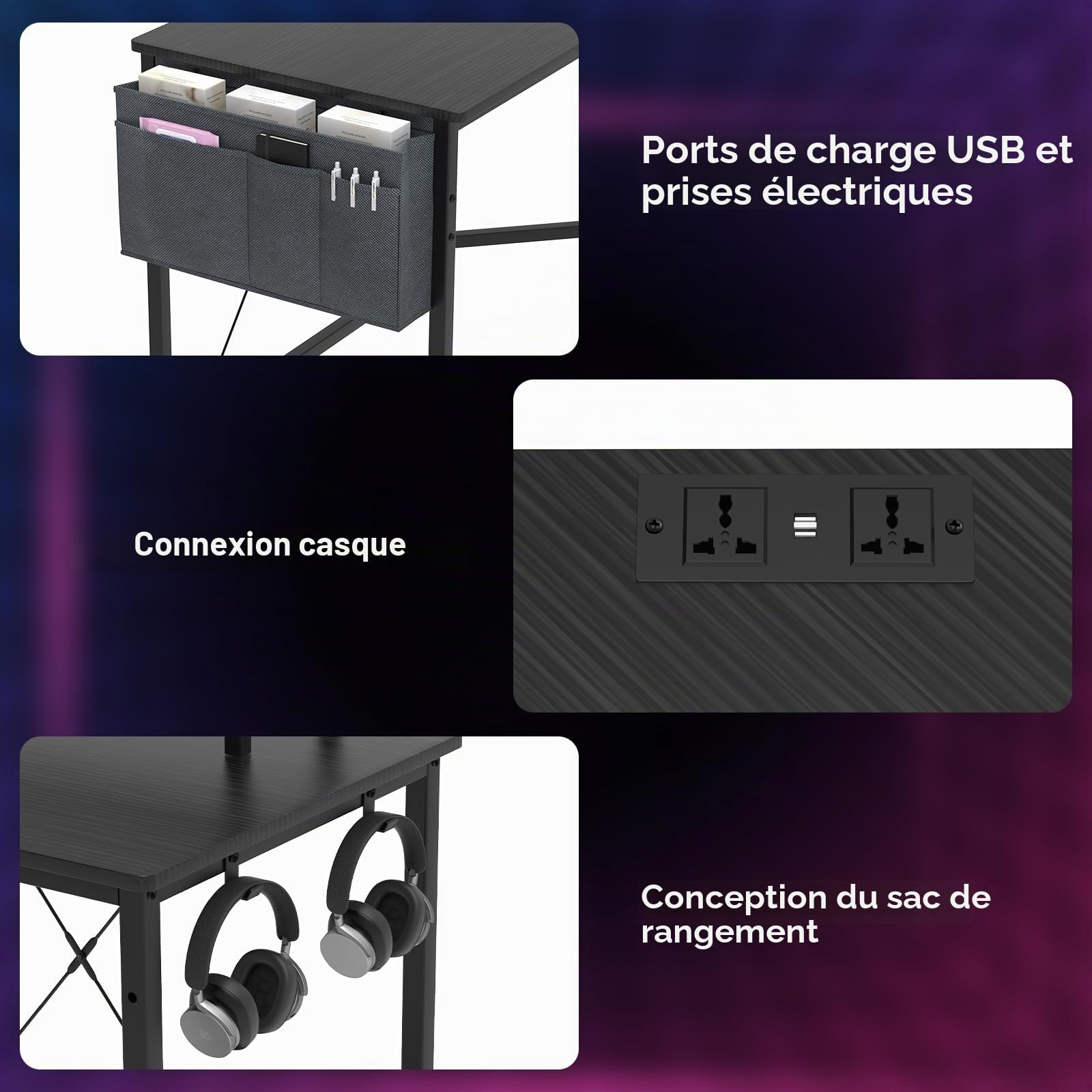 Bureau d'angle Informatique Gaming avec Fonction de Chargement, en Coin pour Ordinateur Station de Travail, pour Gamer, Table en Bois, pour Maison et Bureau Noir