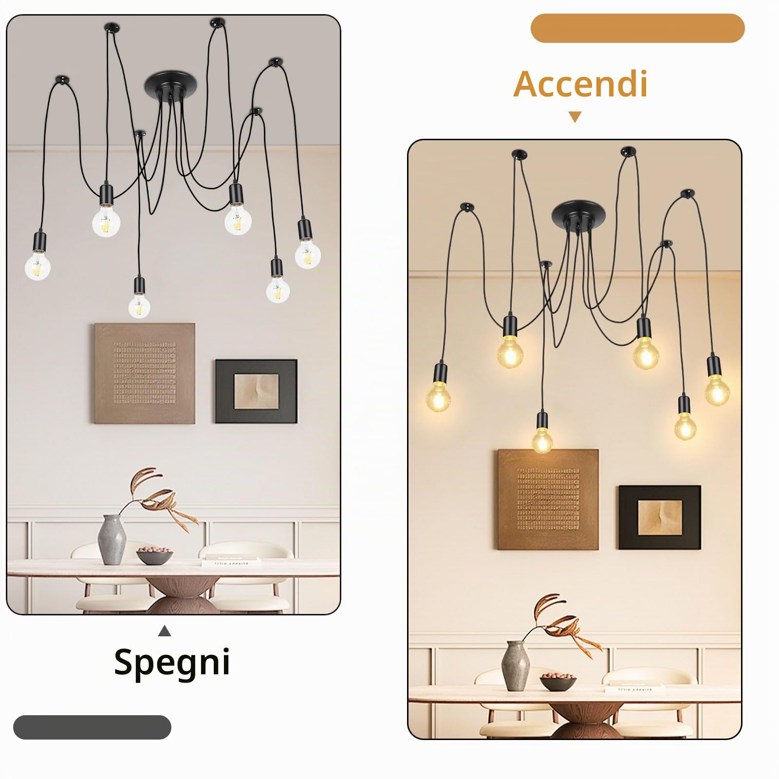 Lightess Lampadario a Ragno 6 Luci, Lampade a Sospensione Nero Industrial Lampadario Pendente Moderne Lampadari Soffitto Vintage per Camera da Letto Soggiorno